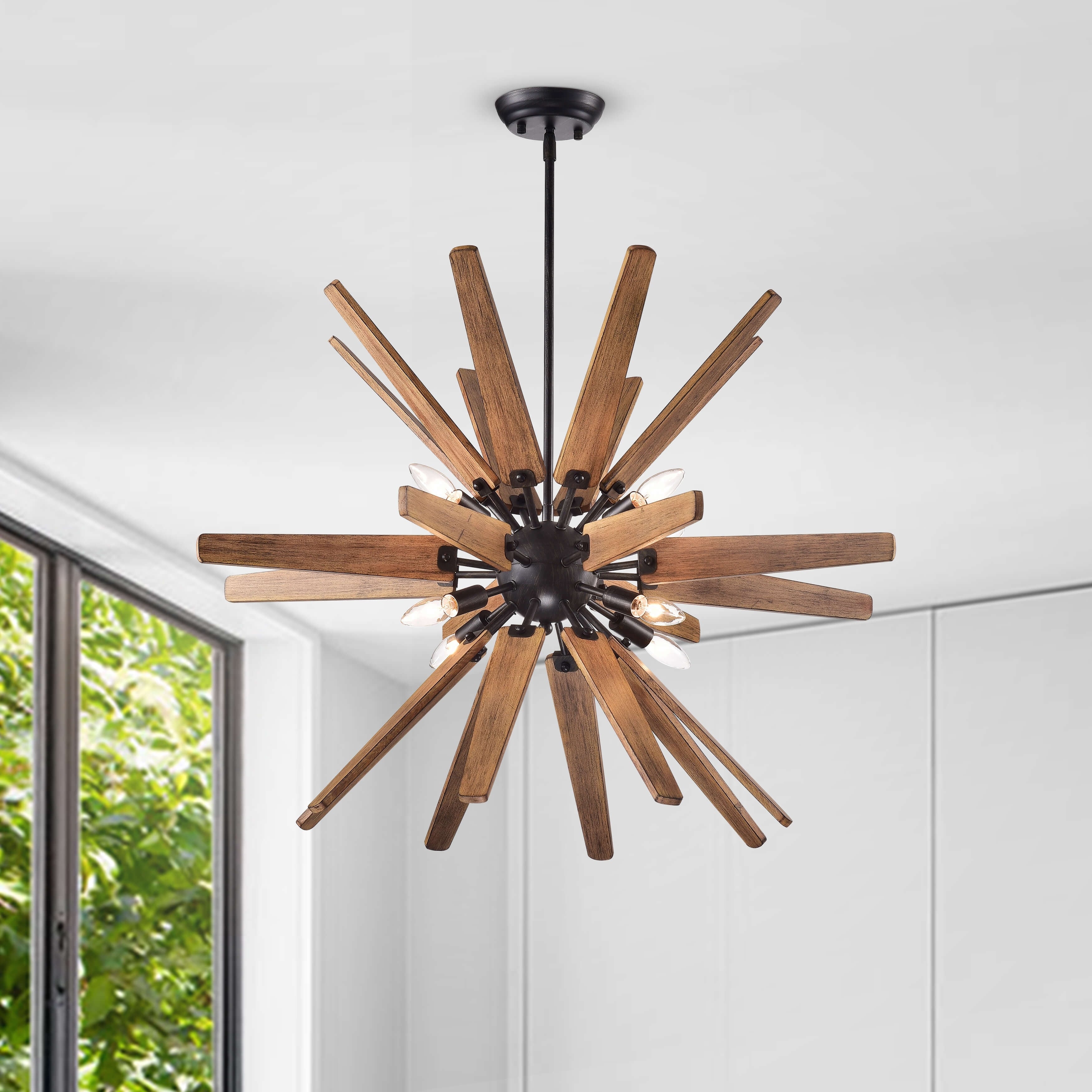 The Lighting Store Bernice Sputnik Antique Black Natural Wood 8 Light Chandelier