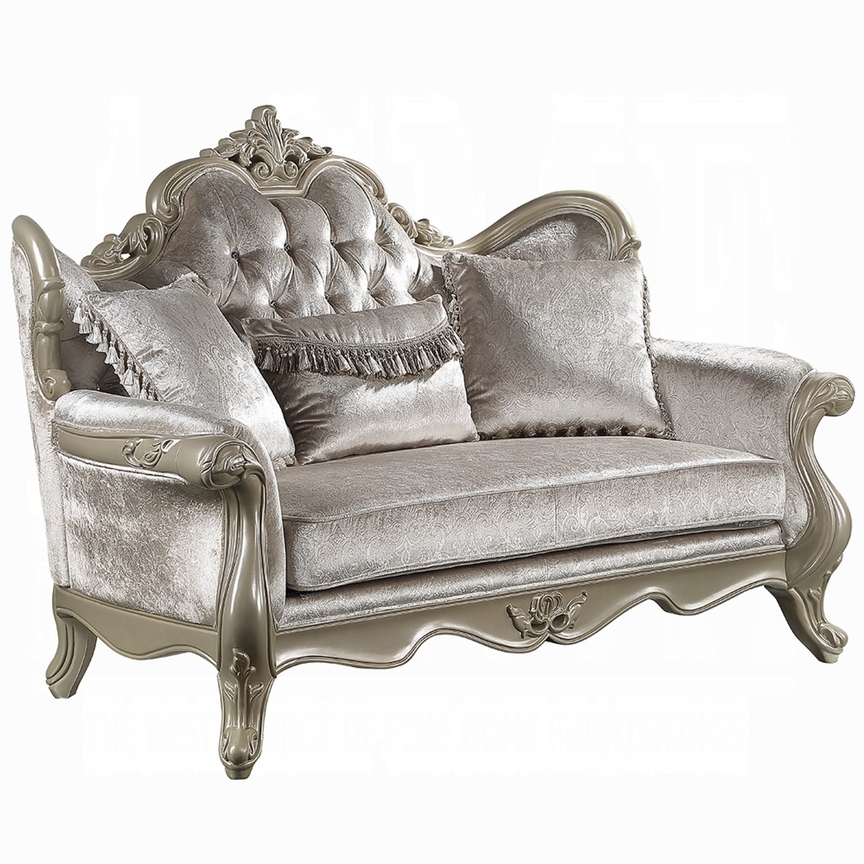 Bertha Baroque Loveseat With 3 Pillows Tufted Champagne Gray 70 Inch