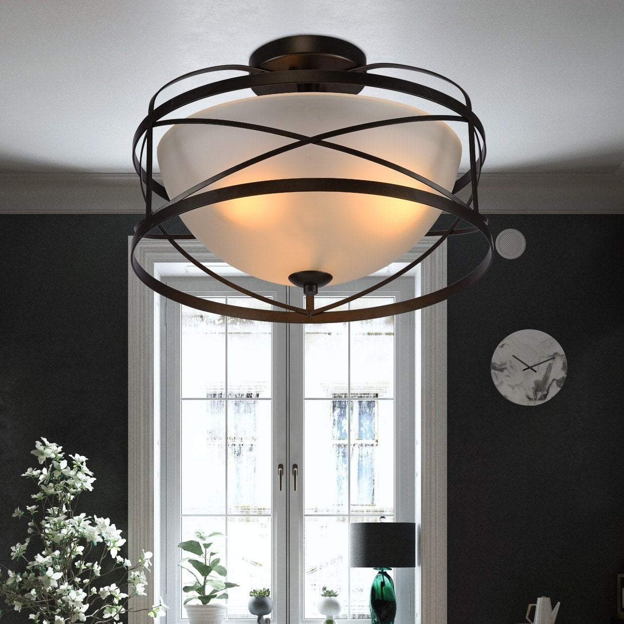 Bertrand Black 3 Light Flushmount With Frosted Glass Shade