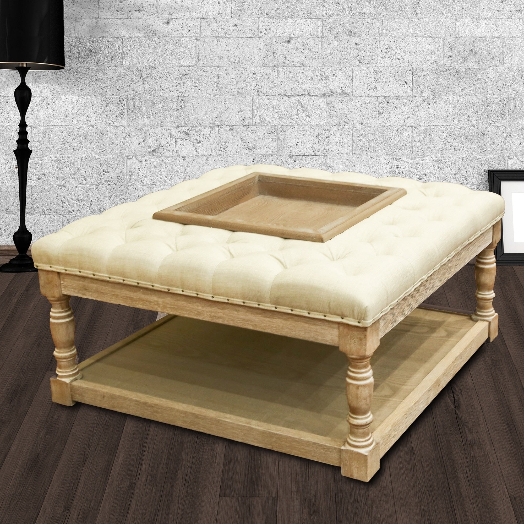 Besmore 34 Inch Natural Tufted Cocktail Ottoman Recessed Center Tray