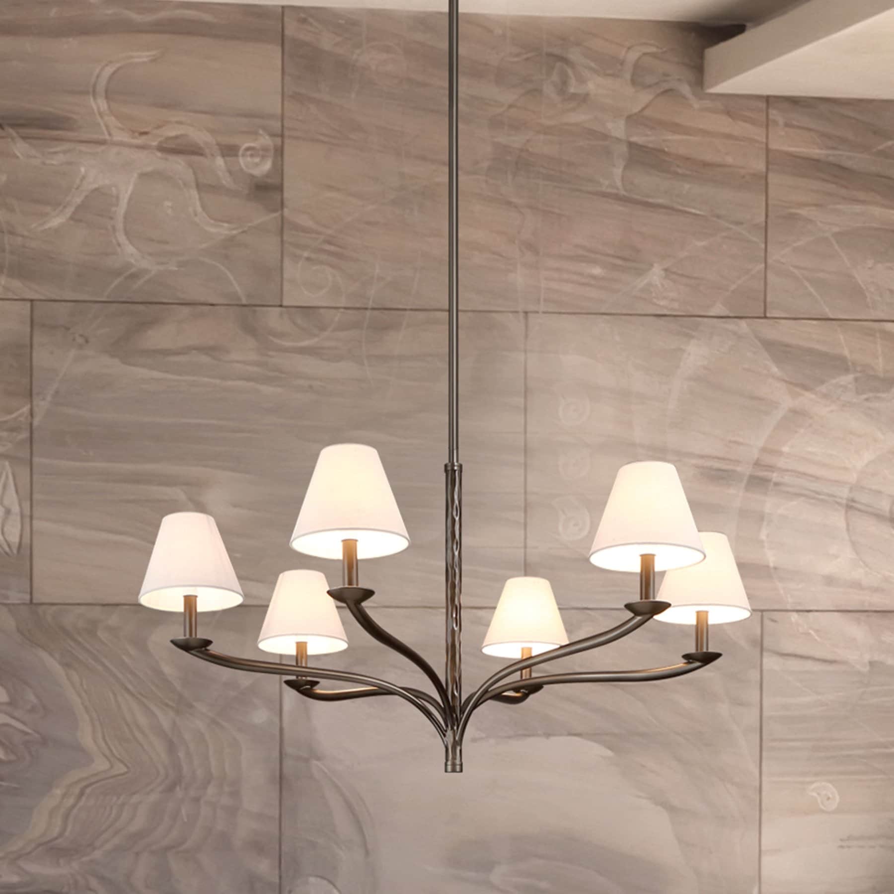 Bethany 42 Inch 6 Light Forged Bronze Chandelier With Natural Linen Shades L 42 X W 42 X H 21.25 X M H 78.25