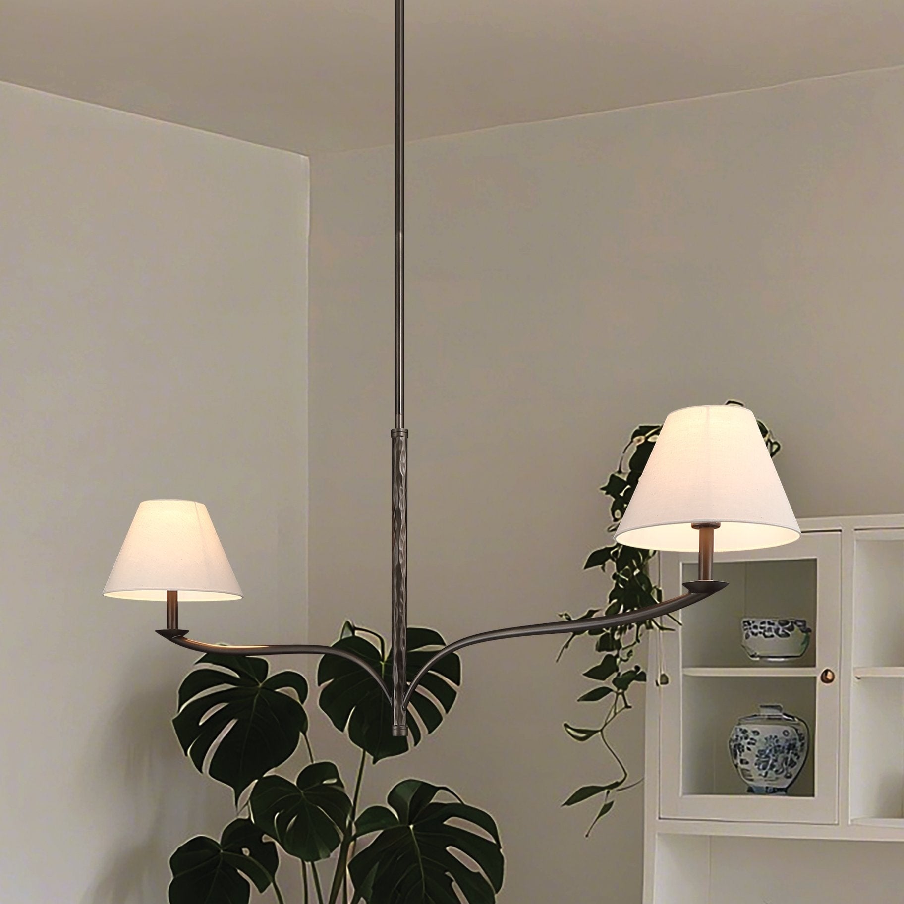 Bethany 56 Inch 2 Light Forged Bronze Linear Chandelier With Natural Linen Shades L 56 X W 11 X H 21.25 X M H 78.25