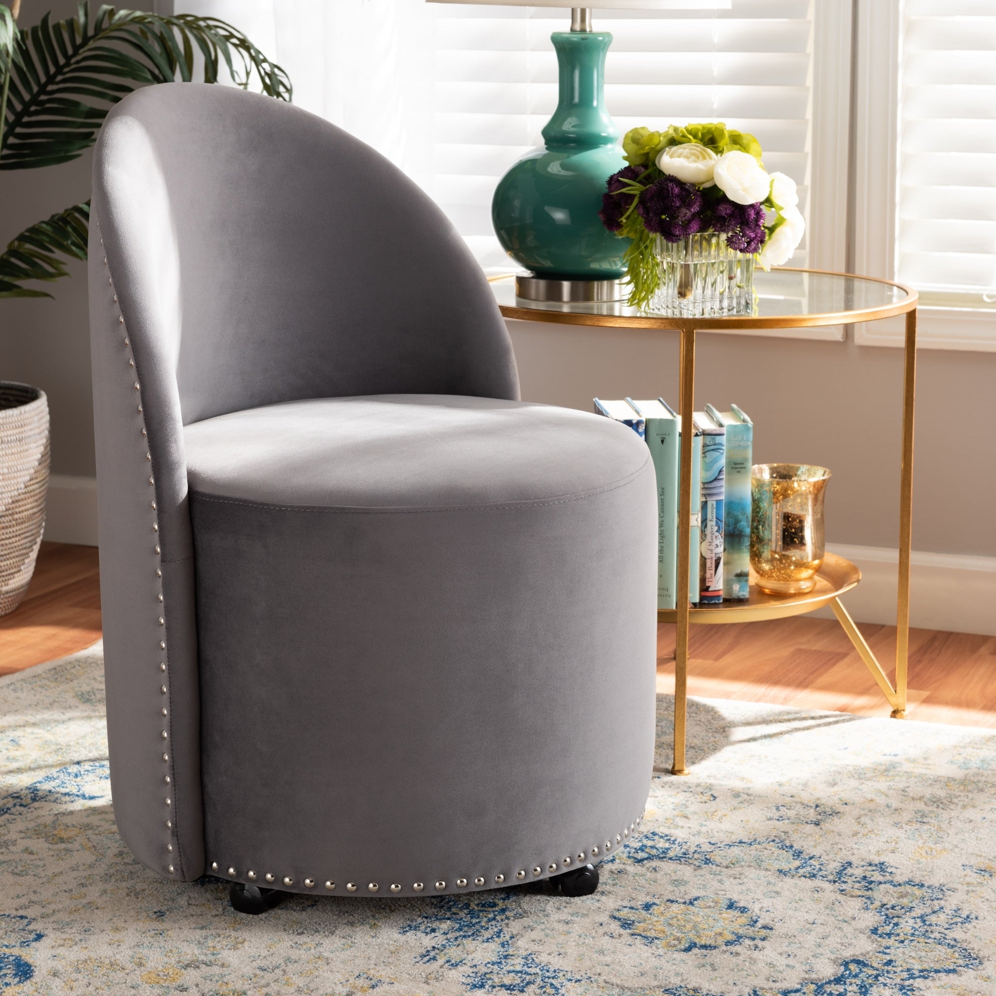 Bethel Grey Velvet Rolling Accent Chair