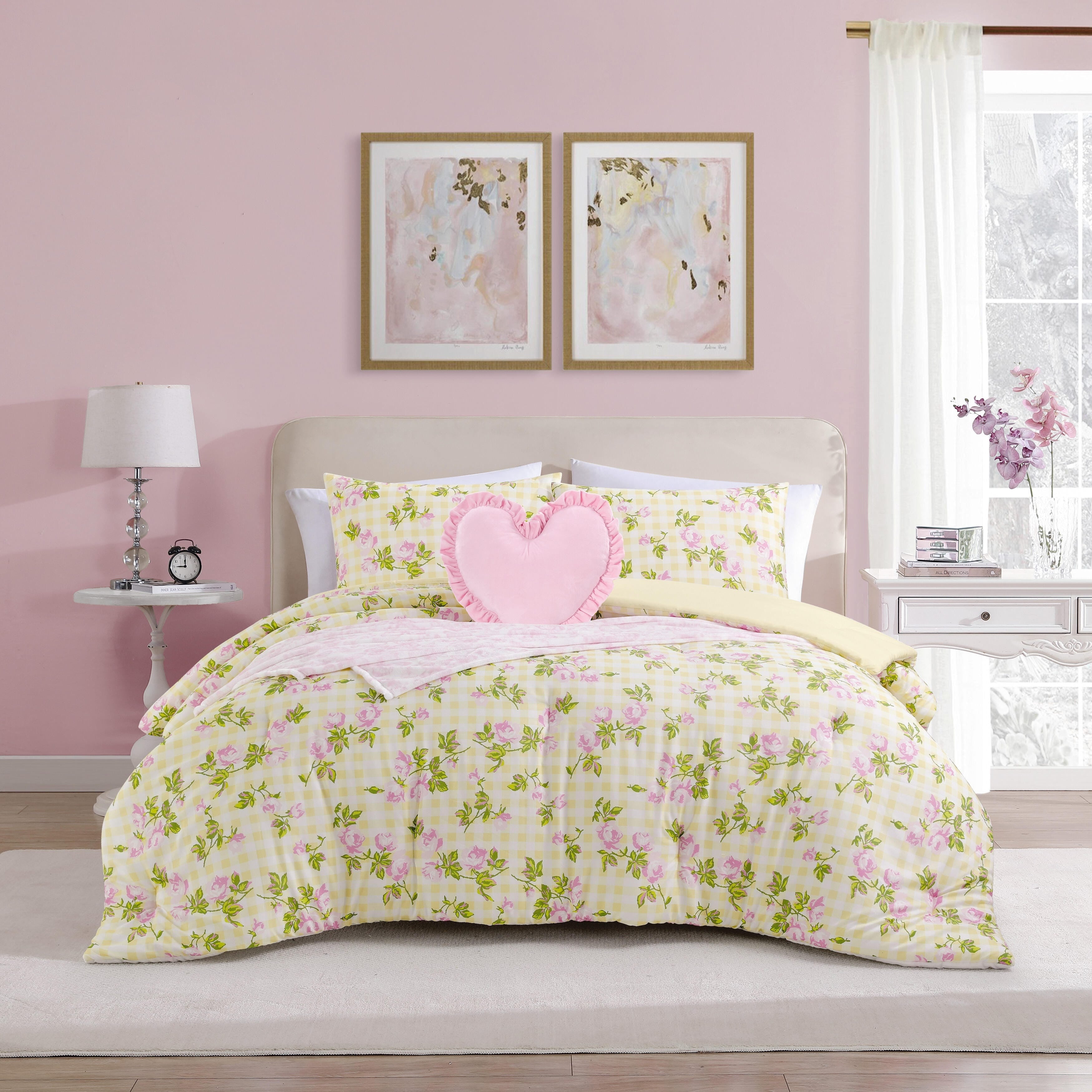 Betsey Johnson Gingham Rose Yellow Reversible Comforter Bonus Set