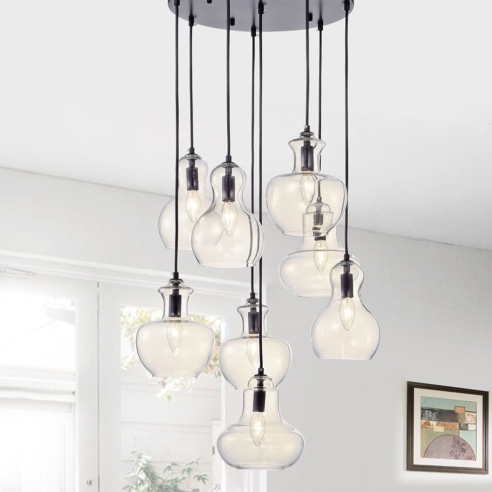Warehouse Of Tiffany Beveen Gourde Antique Black Metal Glass Round 8 Light Light