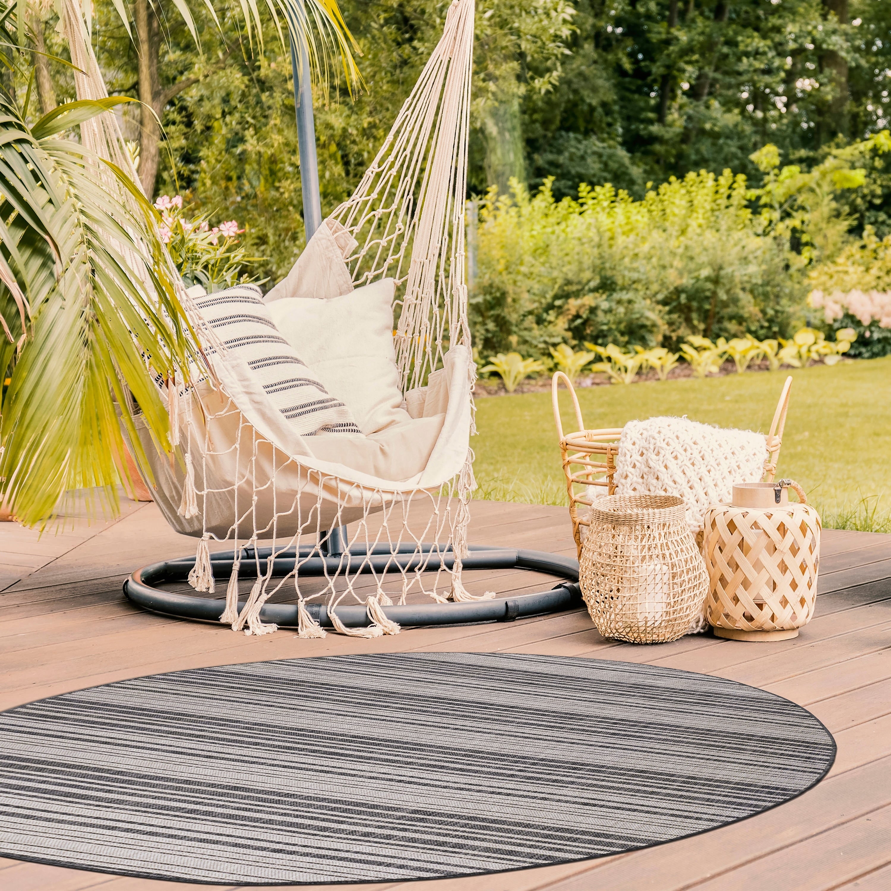 Beverly Rug Waikiki Collection Indoor Outdoor Stripes Area Rug 53X70 Dark Grey Light Grey Wkk20509