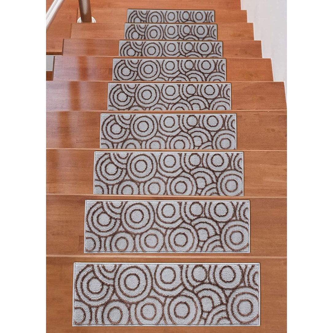 Beverly Rug Indoor Non Slip Carpet Stair Treads W Installed Tape 9 X28 Circles Grey Brown