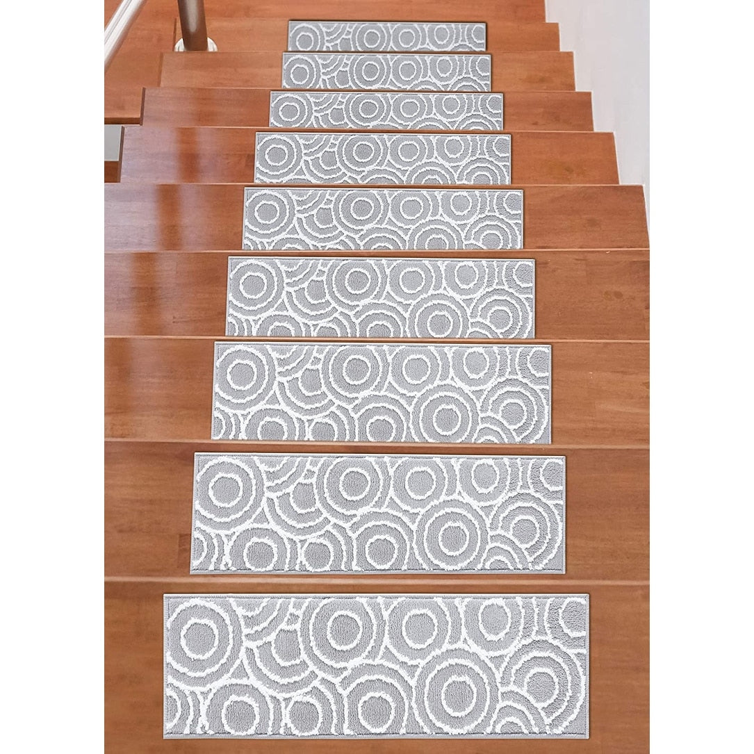 Beverly Rug Indoor Non Slip Carpet Stair Treads W Installed Tape 9 X28 Circles Grey Ivory