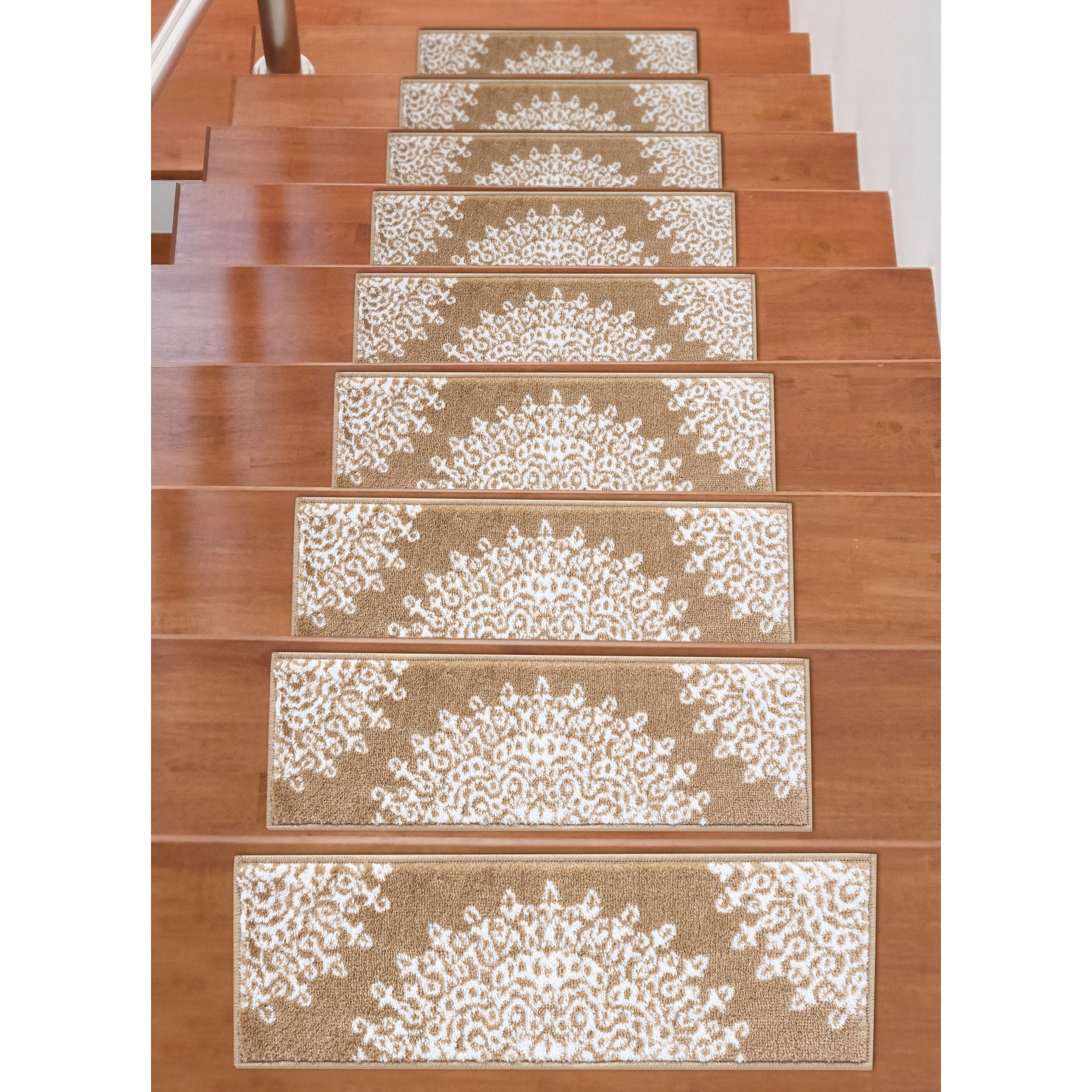 Beverly Rug Indoor Non Slip Carpet Stair Treads W Installed Tape 9 X28 Medallion Beige Ivory