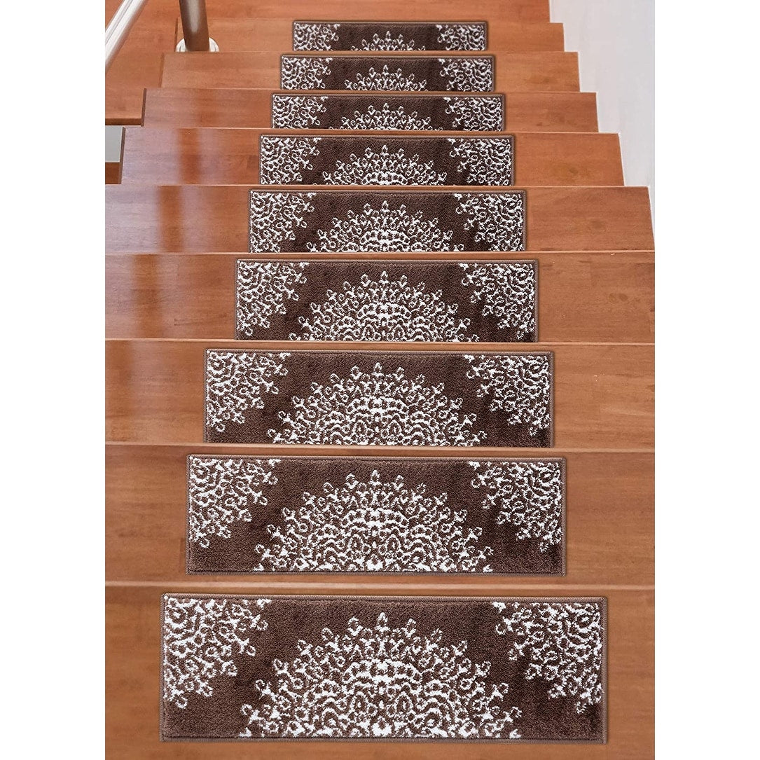 Beverly Rug Indoor Non Slip Carpet Stair Treads W Installed Tape 9 X28 Medallion Brown Ivory