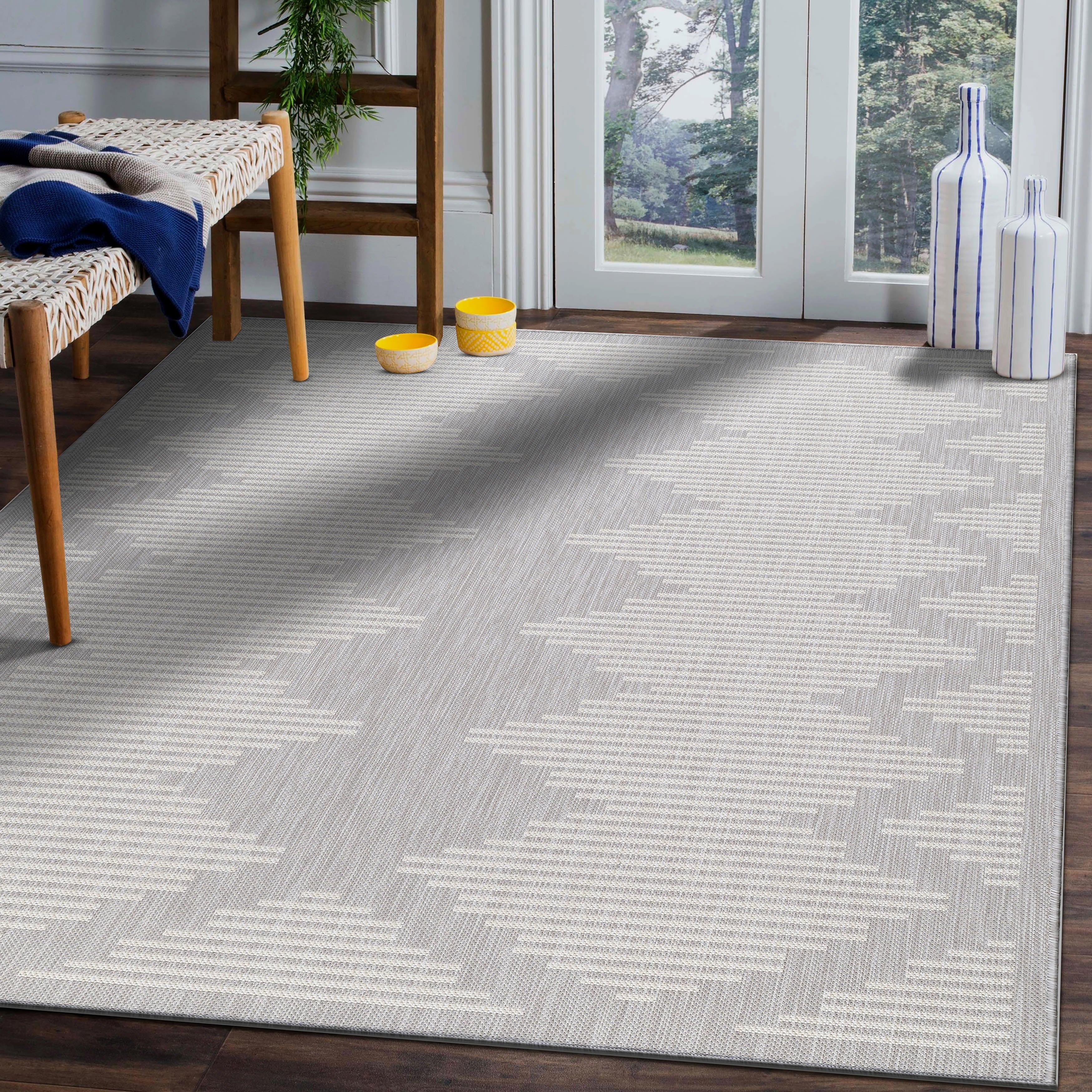 Beverly Rug Waikiki Collection Indoor Outdoor Stripes Area Rug 53X70 Grey White Wkk20112