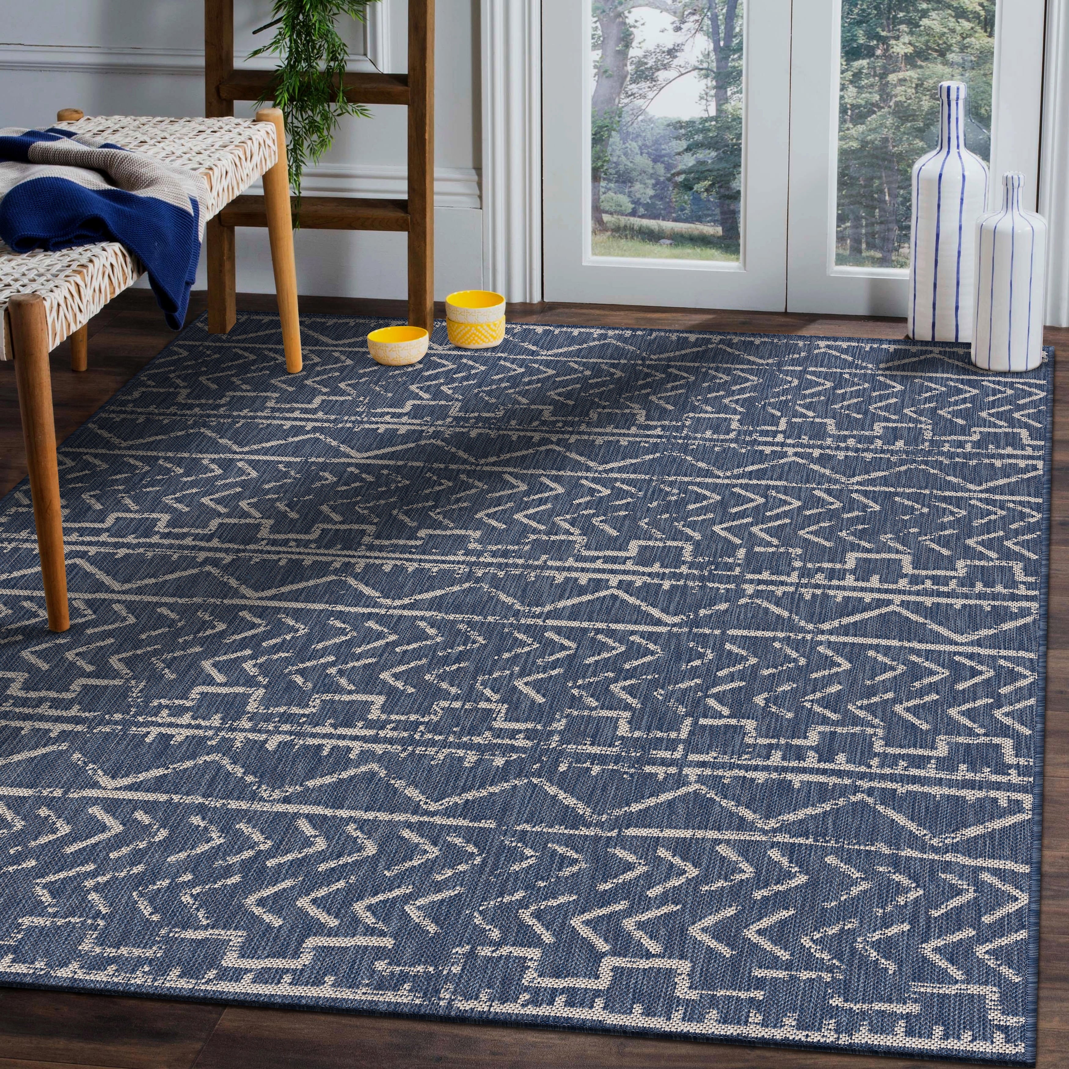 Beverly Rug Waikiki Collection Indoor Outdoor Trellis Area Rug 53X70 White Blue Wkk20203