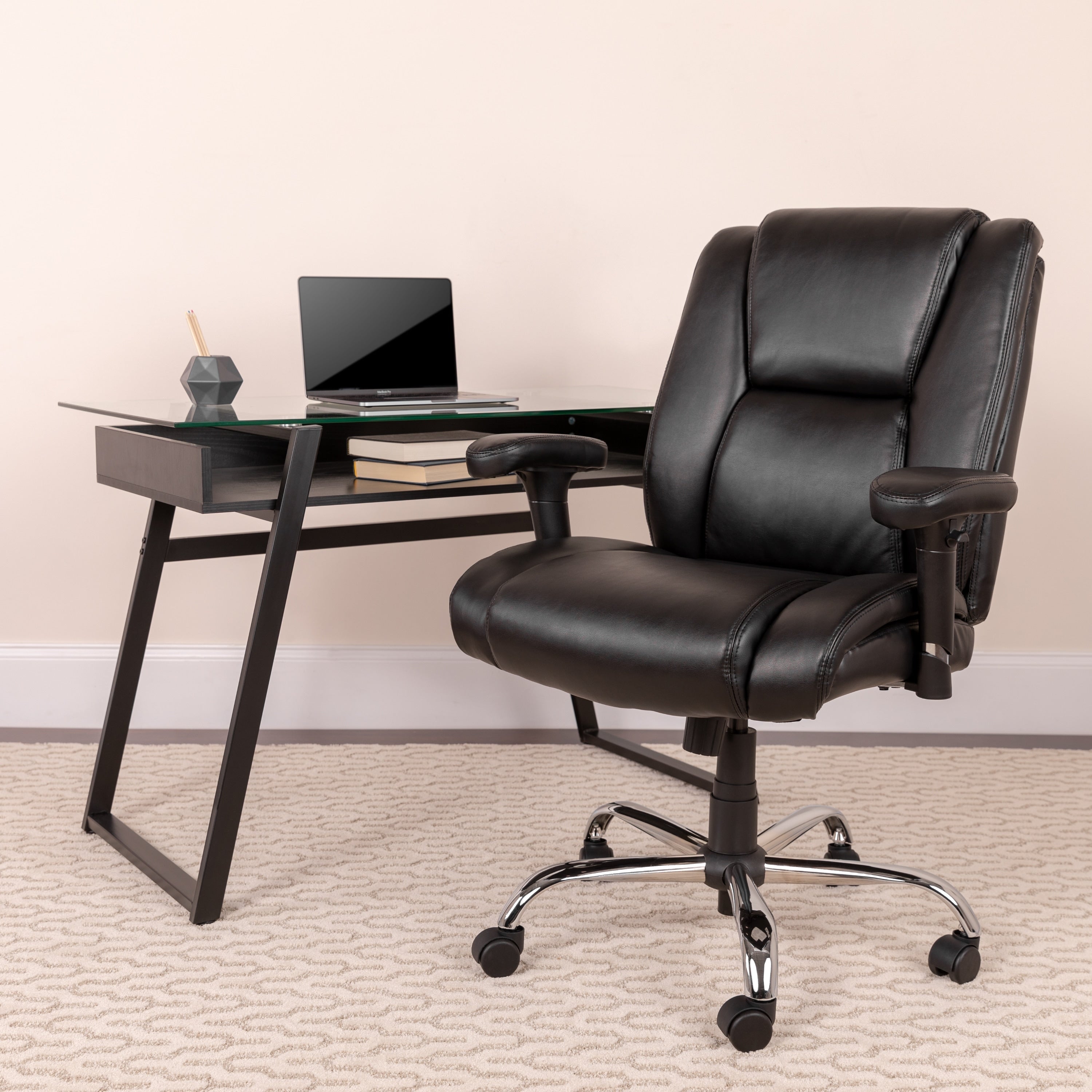 Hercules Series Big And Tall Black Leather 400 Pound Capacity Task Chair With Height Adjustable Arms