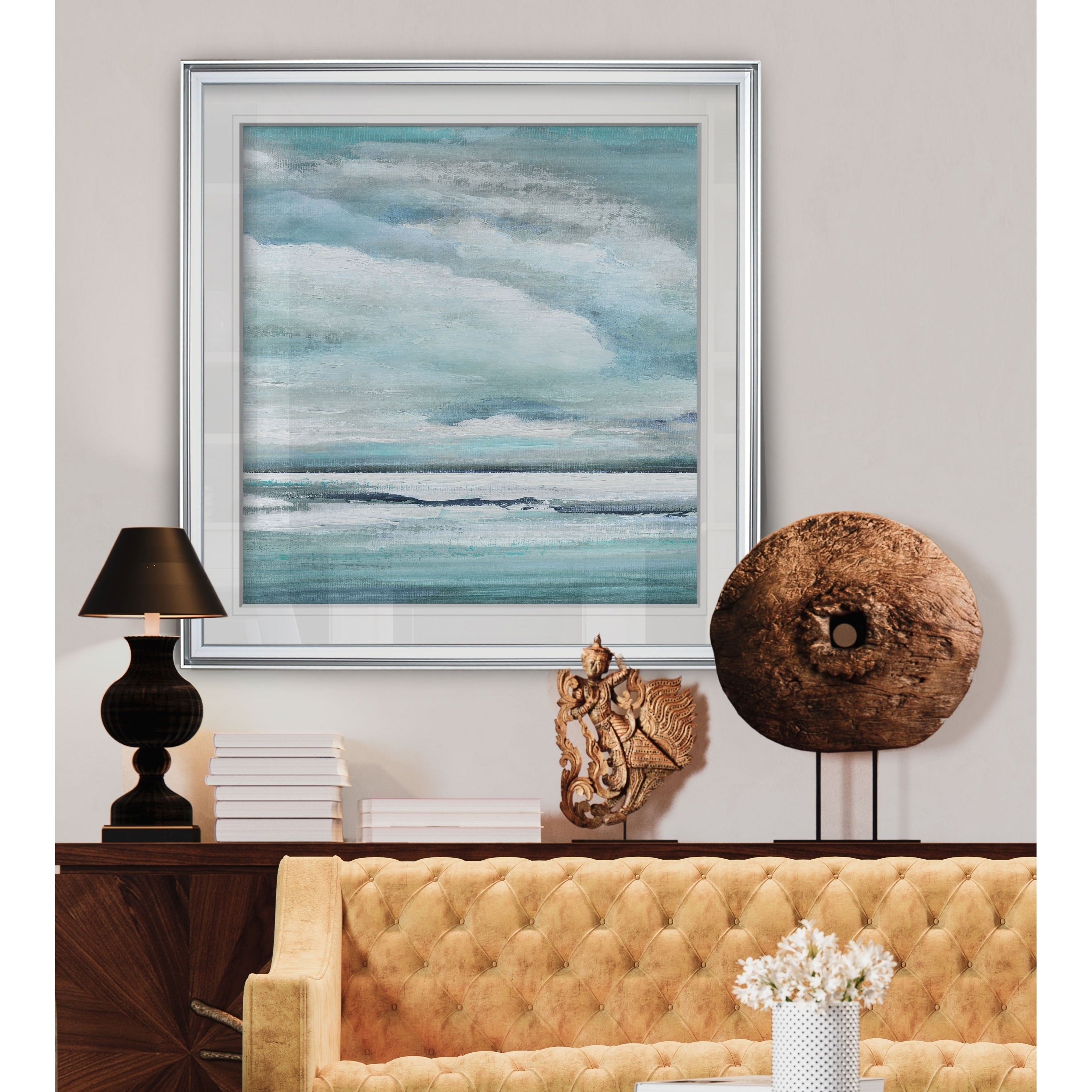Billowing Clouds Ii Custom Framed Print Blue White Grey Yellow Green Silver Gold