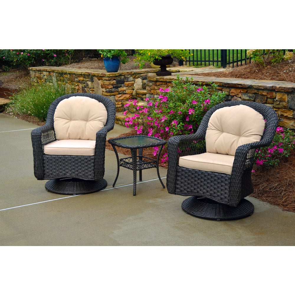 Biloxi Outdoor Espresso Resin Wicker 3 Piece Swivel Glider Set With Beige Cushions