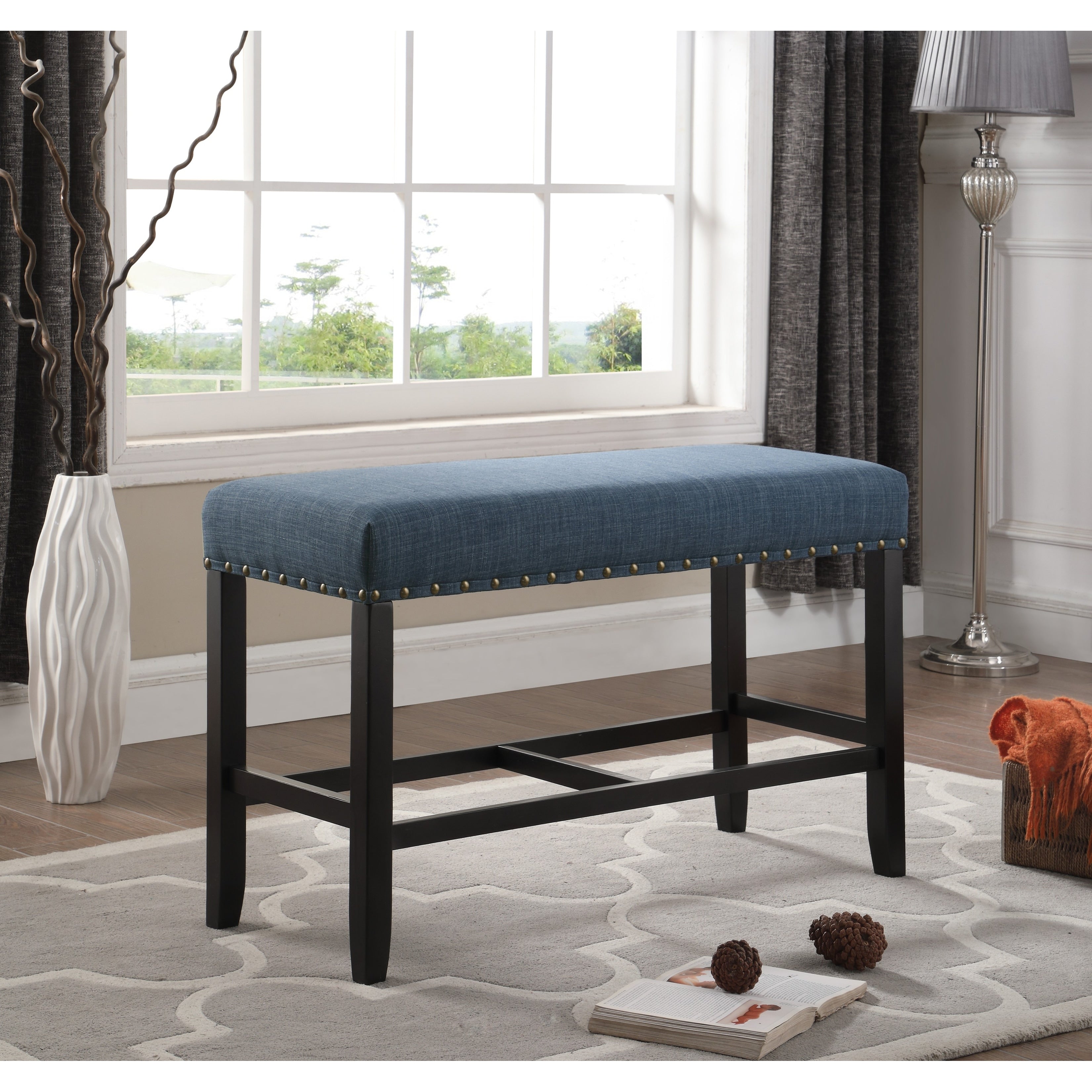 Biony Blue Fabric Counter Height Dining Bench With Nailhead Trim