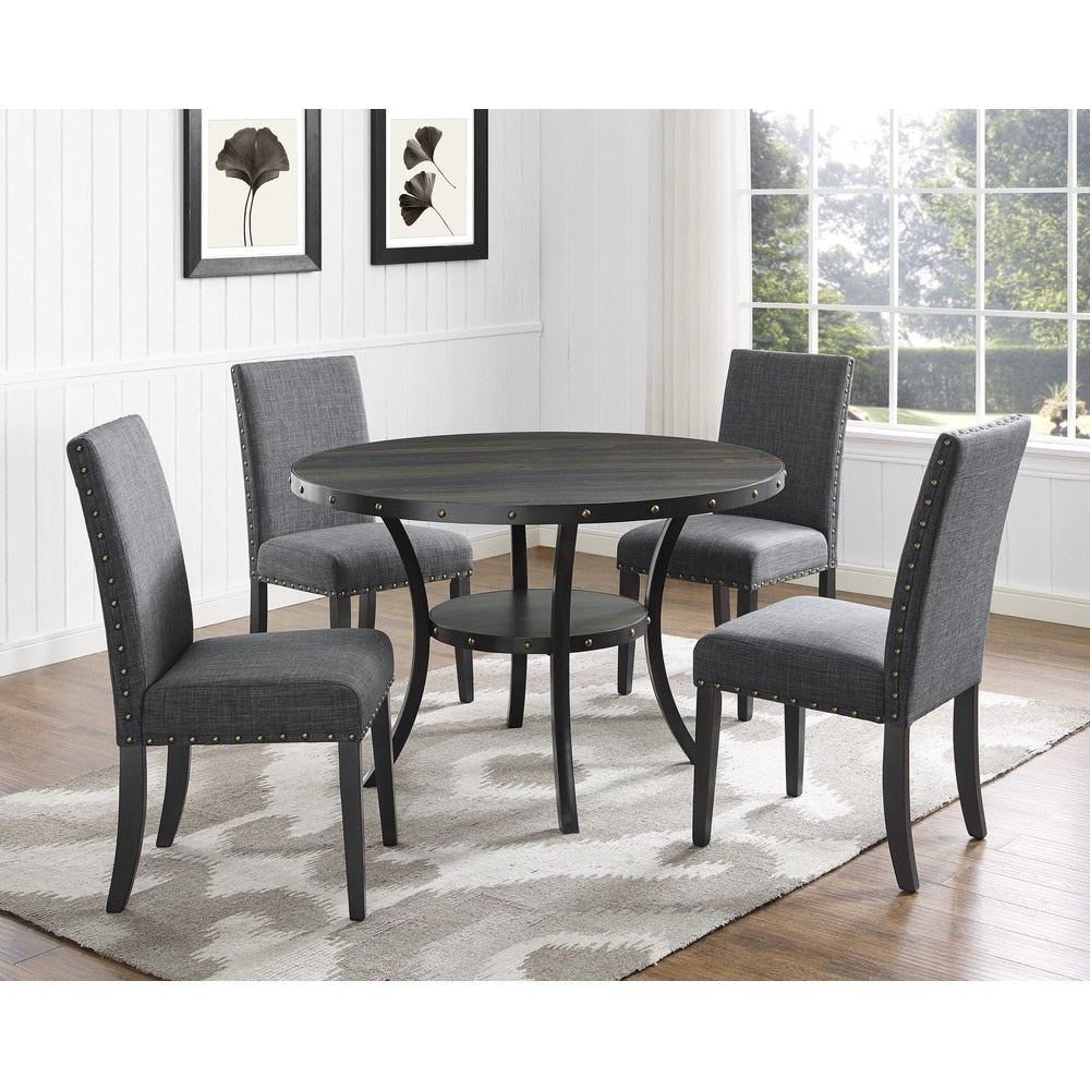 Biony Espresso Wood Dining Set With Fabric Nailhead Chairs