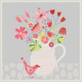 Bird With Jug Of Flowers By Nic Squirrell Framed Canvas Wall Art Print