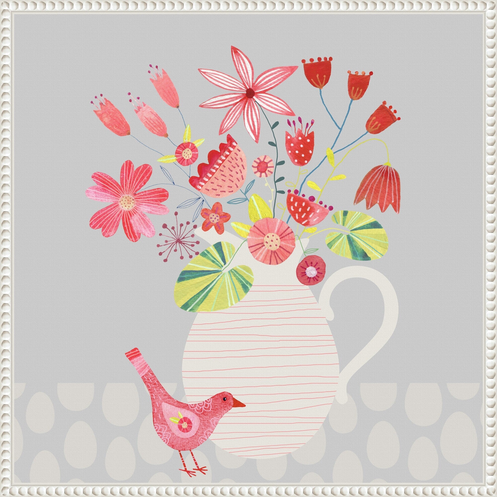 Bird With Jug Of Flowers By Nic Squirrell Framed Canvas Wall Art Print