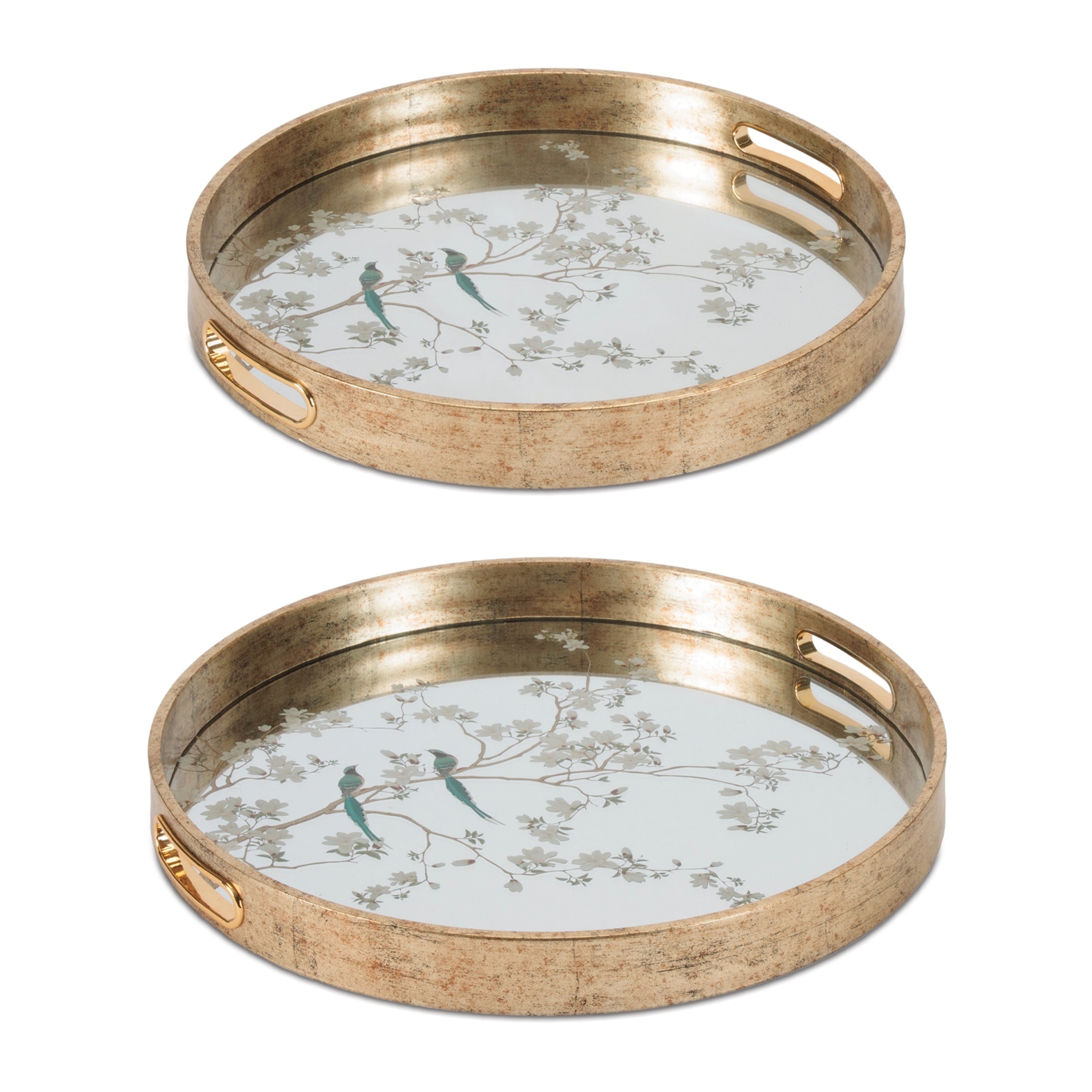 Bird And Floral Etched Mirror Tray Set Of 2