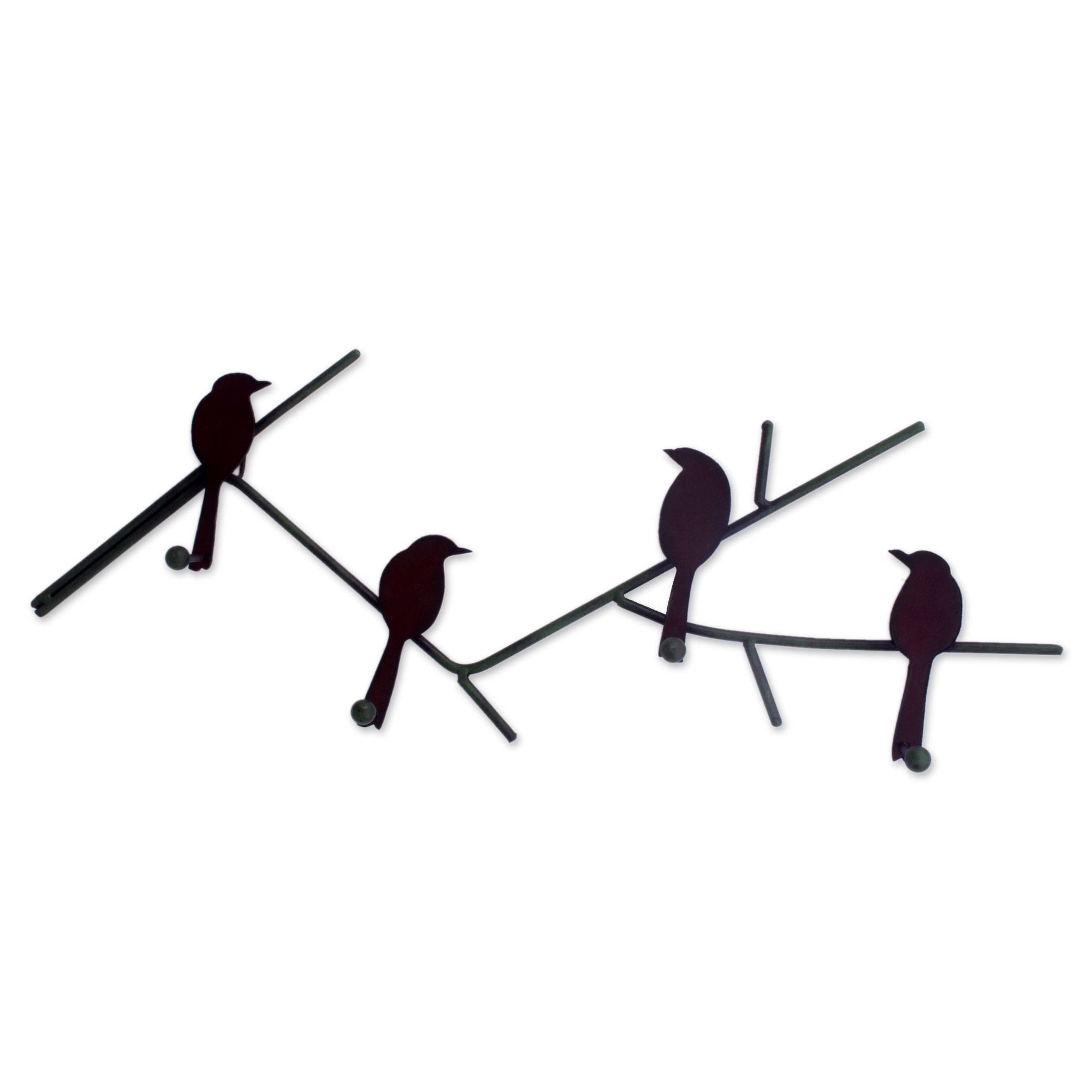 Birds On A Wire Indoor Outdoor Four Peg Hook Key Or Coat Rack Brown Rustic Iron Metal Wall Art Hange