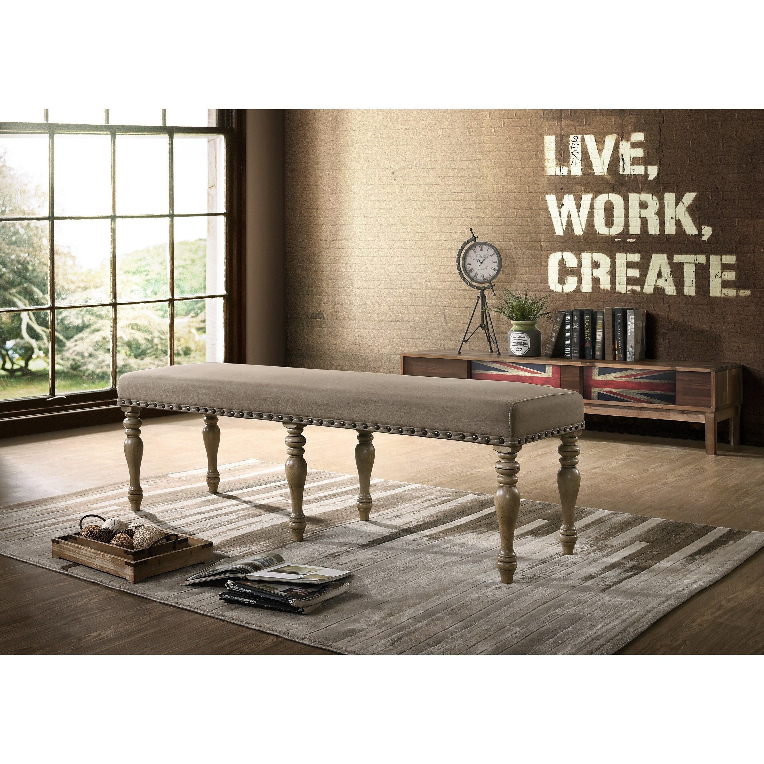 Birmingham Microfiber Upholstered Bench With Nail Head Trim In Driftwood Finish