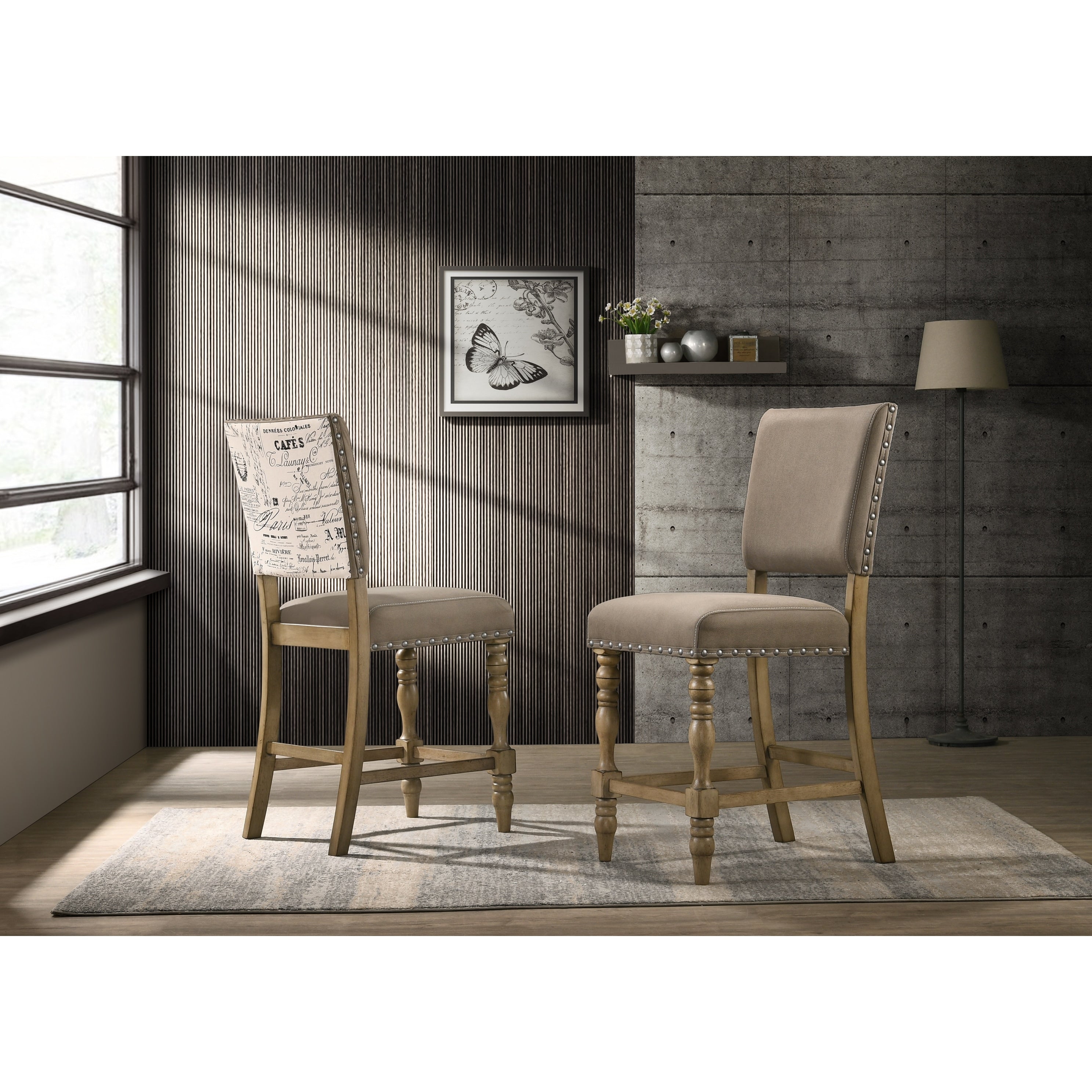 Birmingham Script Printed Driftwood Finish Counter Height Dining Chair With Nail Head Set Of 2