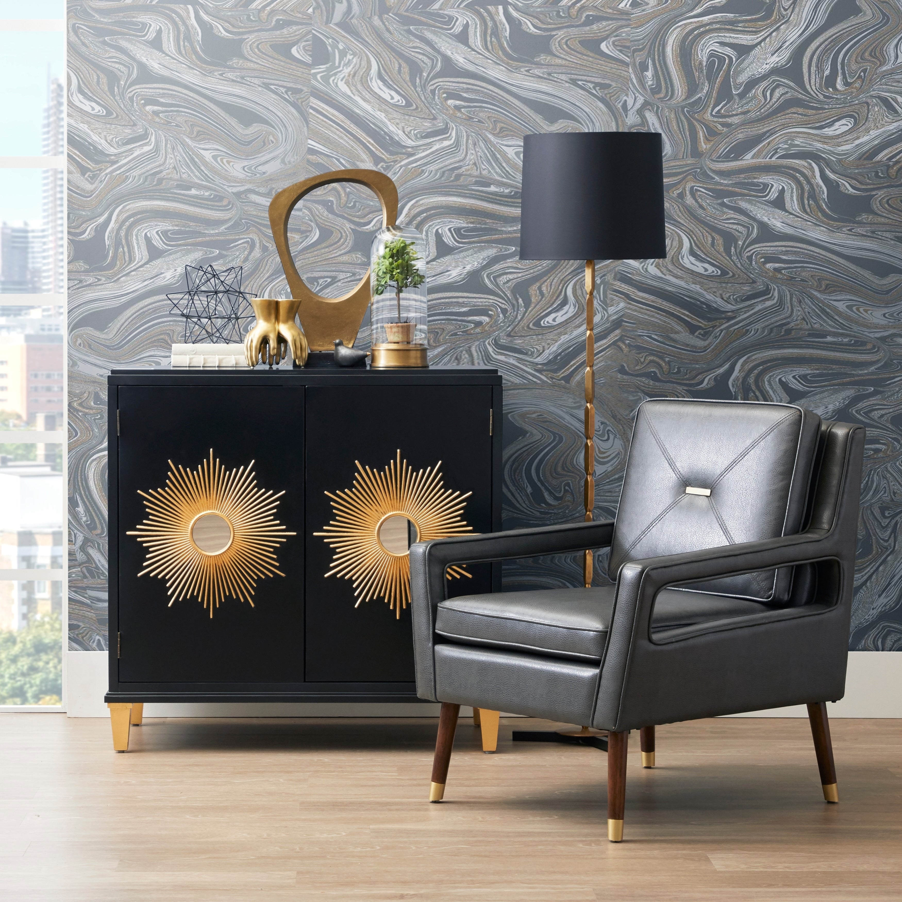 Black 2 Door Mirrored Sunburst Accent Cabinet