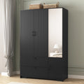 Black 4 Doors Wardrobe Closet Storage Cabinet With Mirror Minimalist Armoire Closet With Hanging Rod
