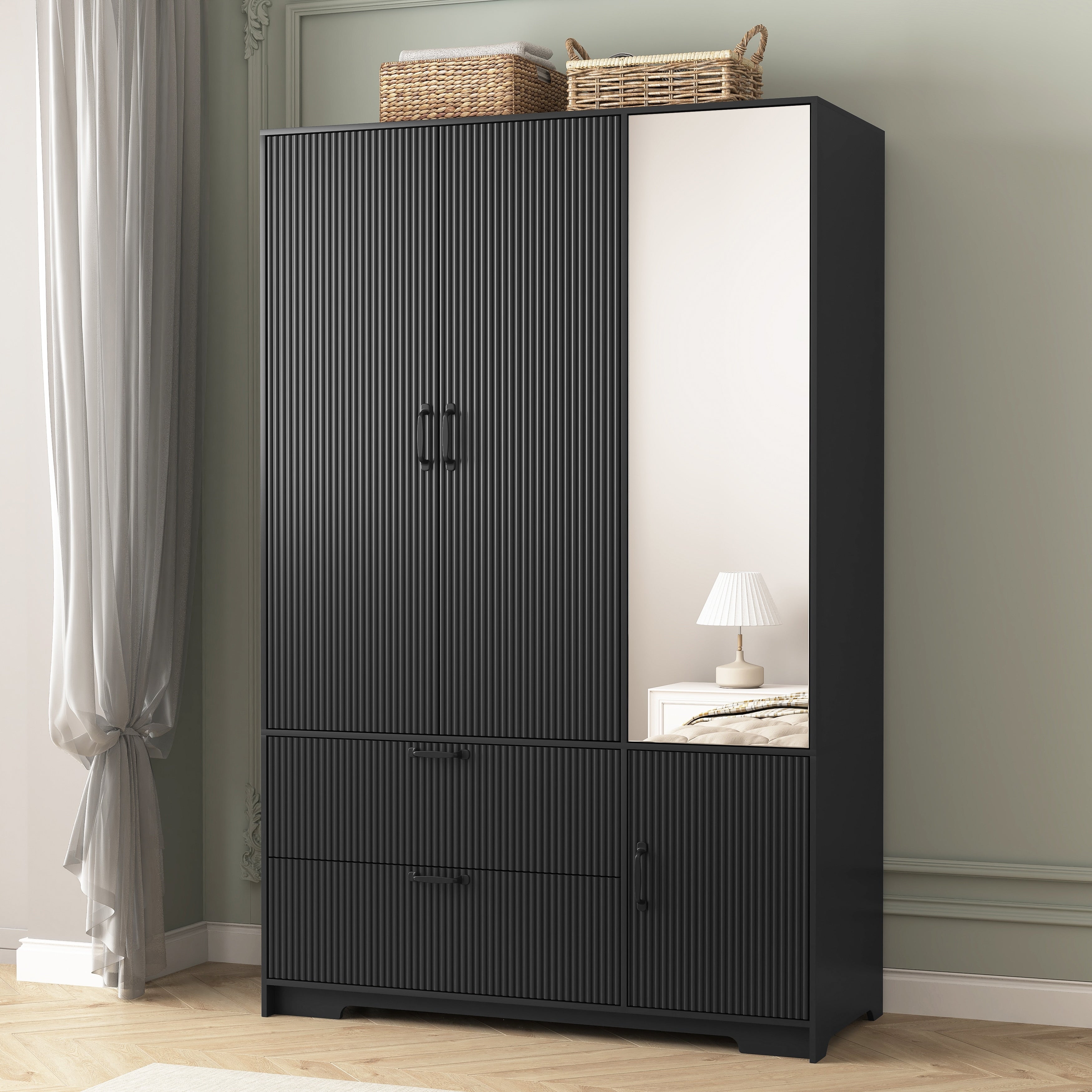 Black 4 Doors Wardrobe Closet Storage Cabinet With Mirror Minimalist Armoire Closet With Hanging Rod