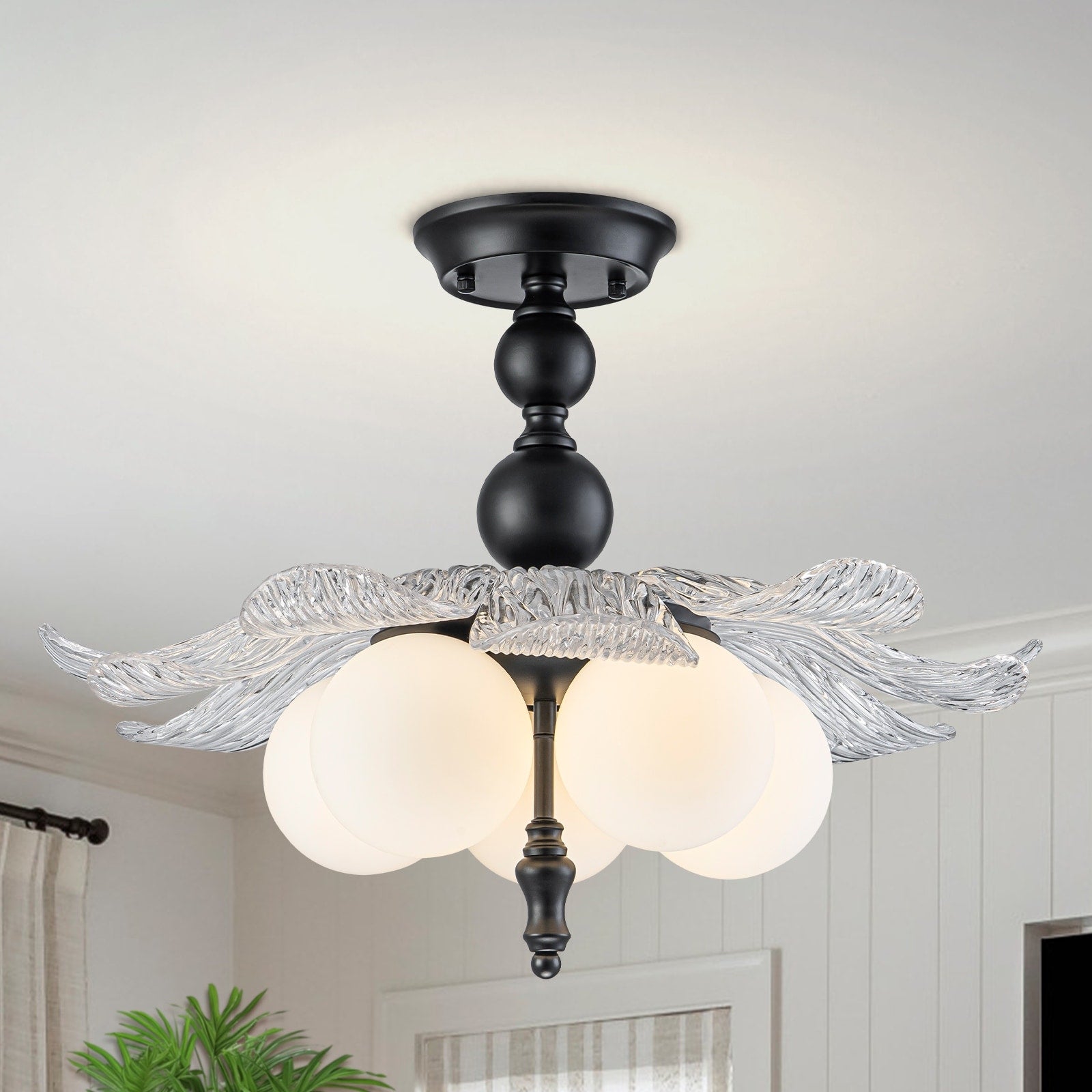 Black 5 Light Semi Flush Mount With Tree Textured Glass Frosted Globes Dia. 22.44 Inch