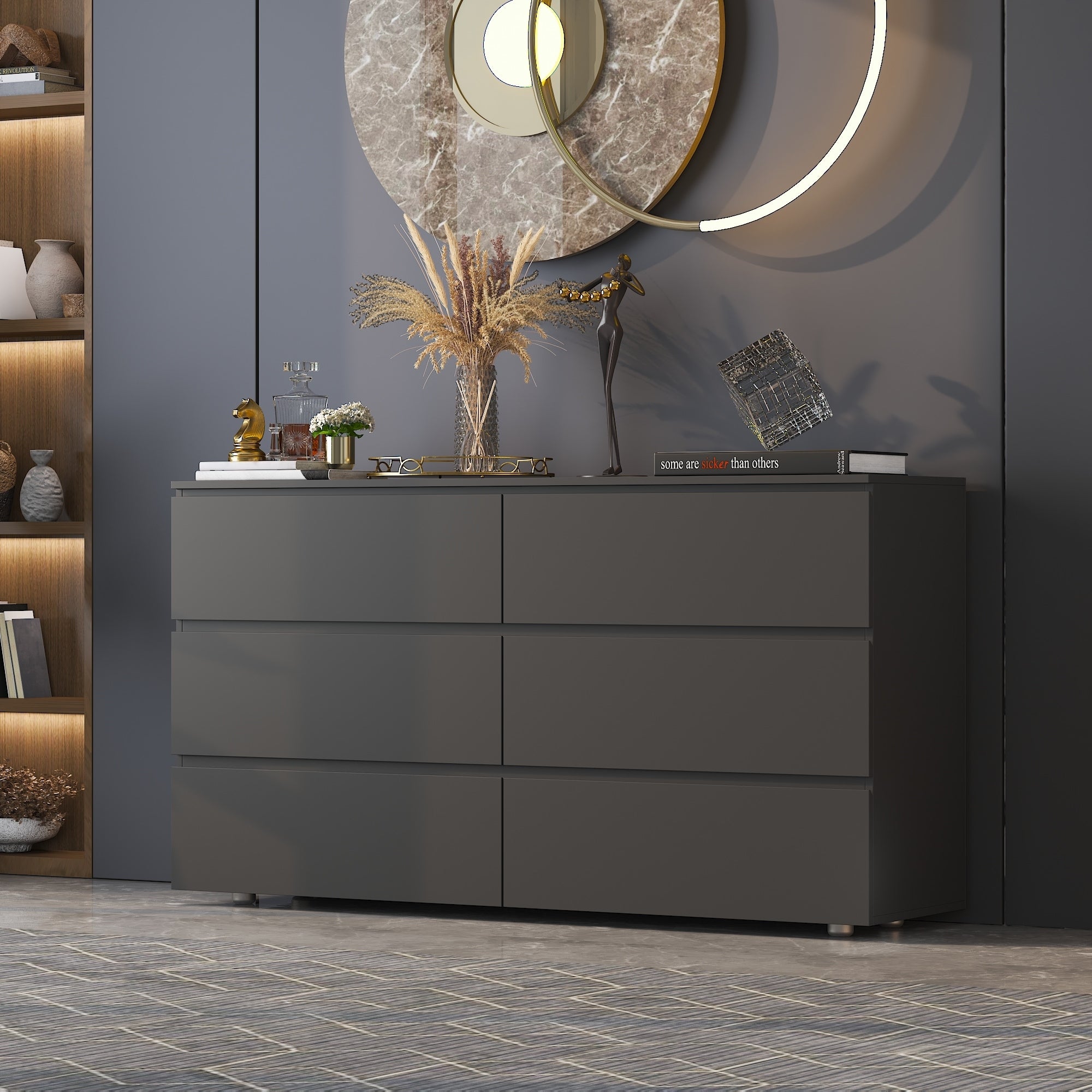 Black 6 Drawer Dresser For Bedroom Modern Wide Chest Of Drawers With Anti Tip Safety Large Storage Organizer Cabinet