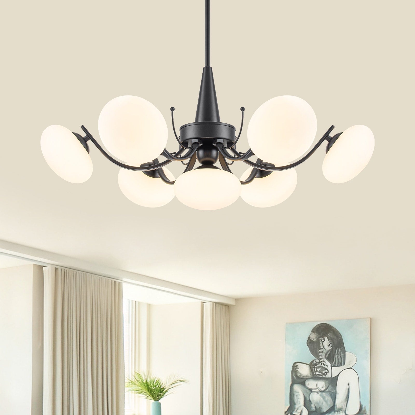 Black 7 Light Chandelier Opal Glass Globes Modern Semi Flush Pendant Dia.27.56 Inch