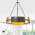 Black 7 Light Chandelier Starry Cutout Wood Accents Modern Rustic Dia.25.98 Inch