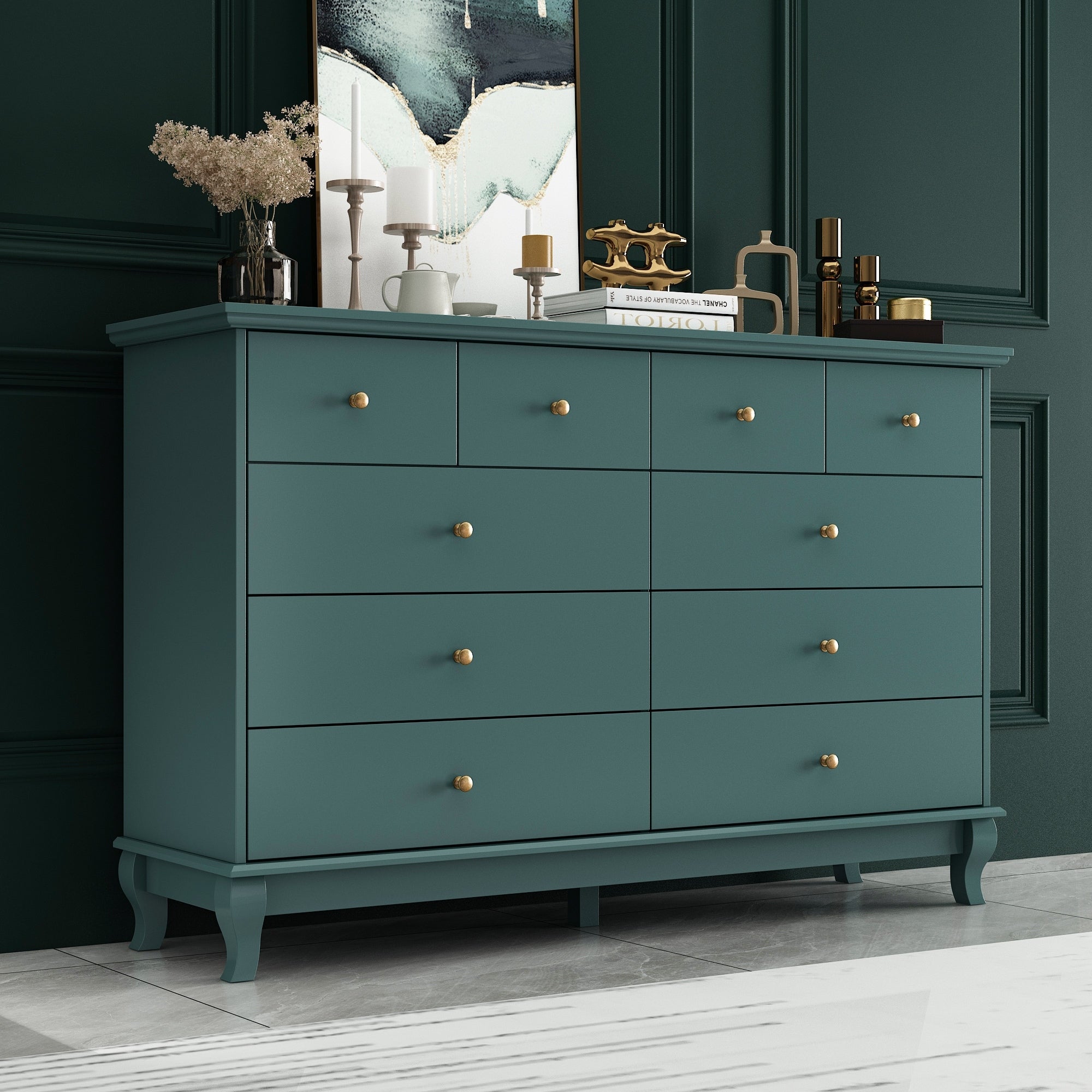 Black 8 Drawer Dresser With Solid Wood Legs Modern Double Dresser Storage Cabinet For Bedroom 55.1 Wide