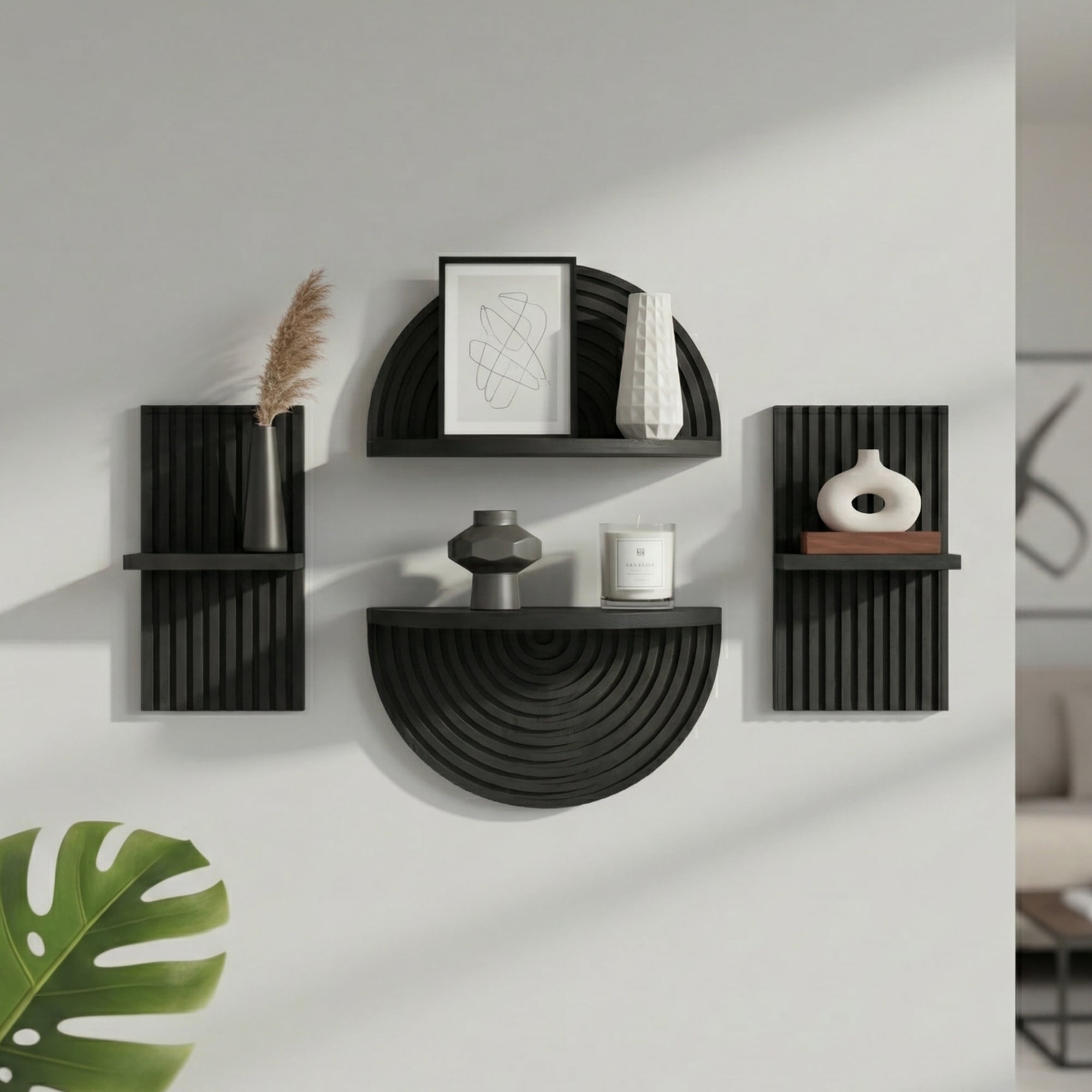 Black Boho Arched Lunar Ledges 4 Piece Modular Wood Floating Wall Shelf Set With Fluted Design 6.62 H X 11.75 L X 5 D
