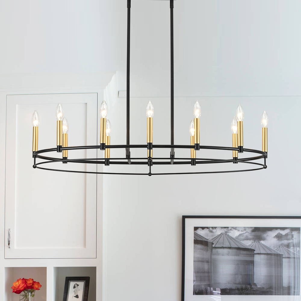 Black Brass 12 Light Large Oval Wheel Candle Style Island Chandelier 37.5 Inches