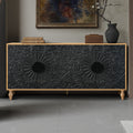 Black Carved Symmetrical Design Door And Wood Coloured Frame For Tv Stand Table Living Room Entryway