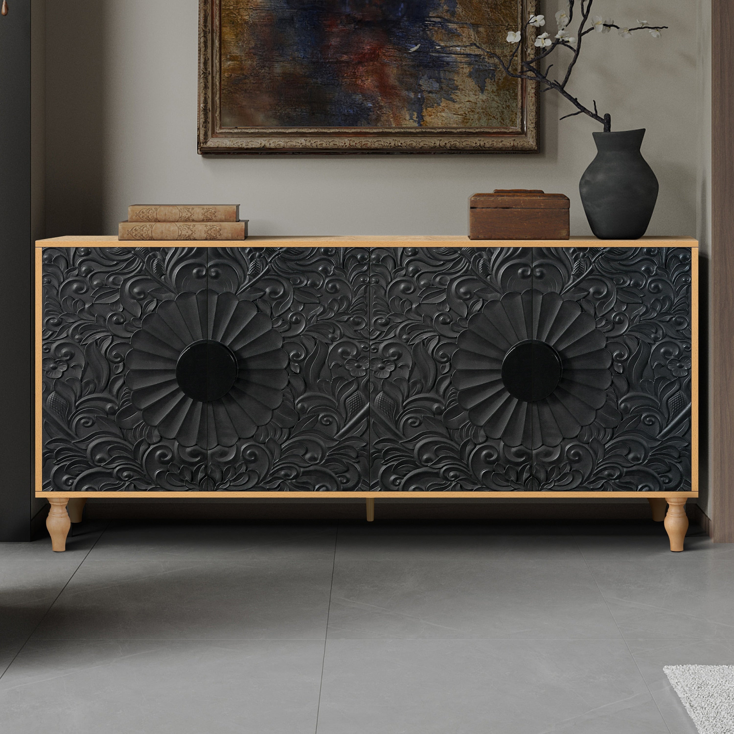 Black Carved Symmetrical Design Door And Wood Coloured Frame For Tv Stand Table Living Room Entryway