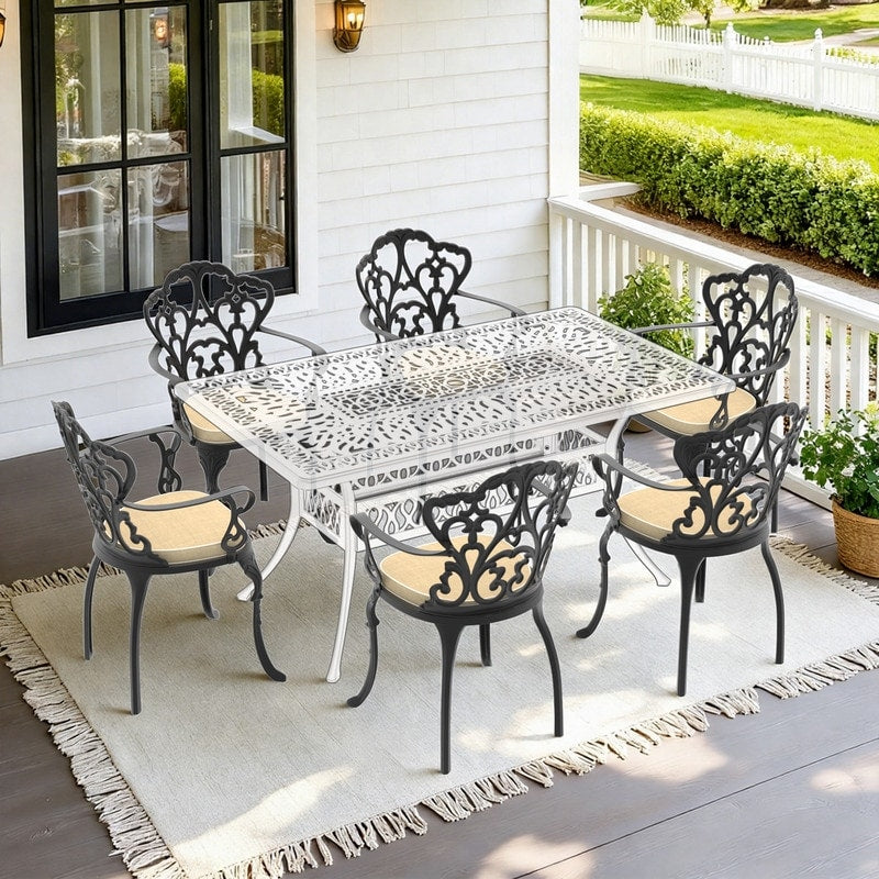Black Cast Aluminum Stacking Outdoor Dining Chair With Brown Cushion Set Of 6
