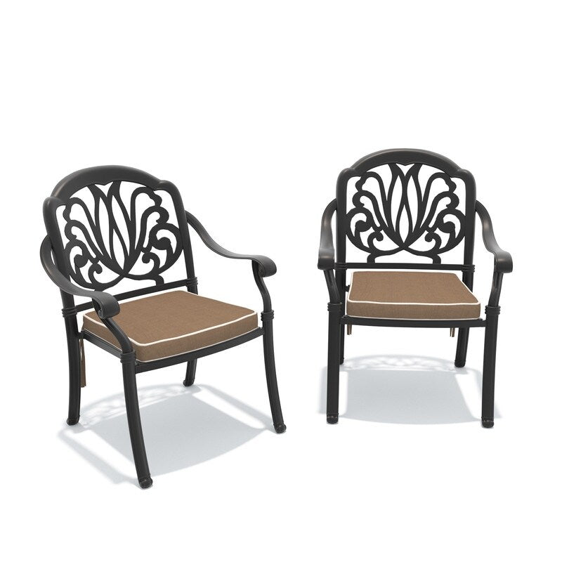 Black Cast Aluminum Stacking Outdoor Dining Chair With Brown Cushion Set Of 2