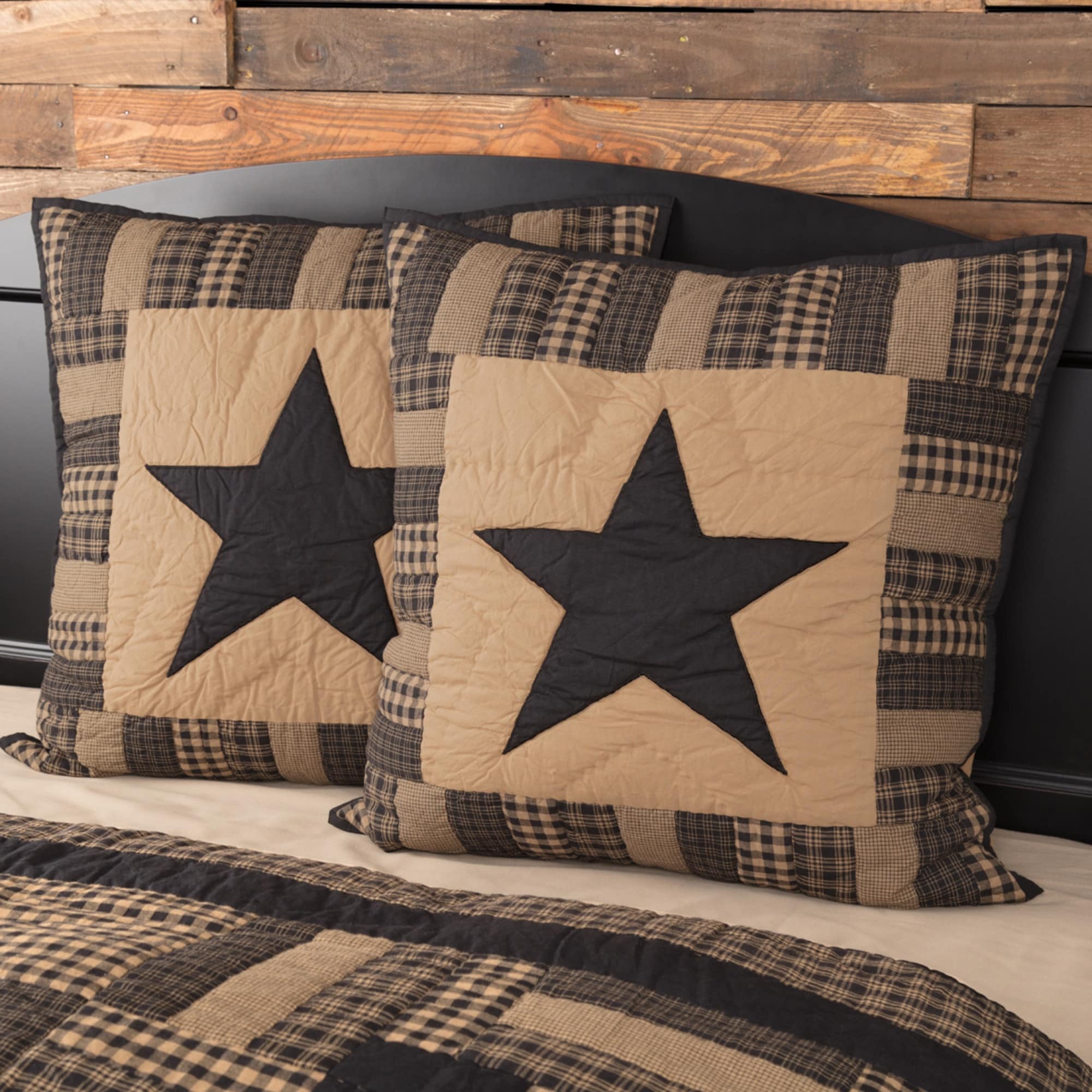 Vhc Raven Black Primitive Bedding Check Star Quilted Euro Sham