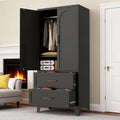 Black Clothing Storage Cabinet With 2 Drawers And Hanging Rod 2 Doors Wardrobe Armoire Closet With Shelf