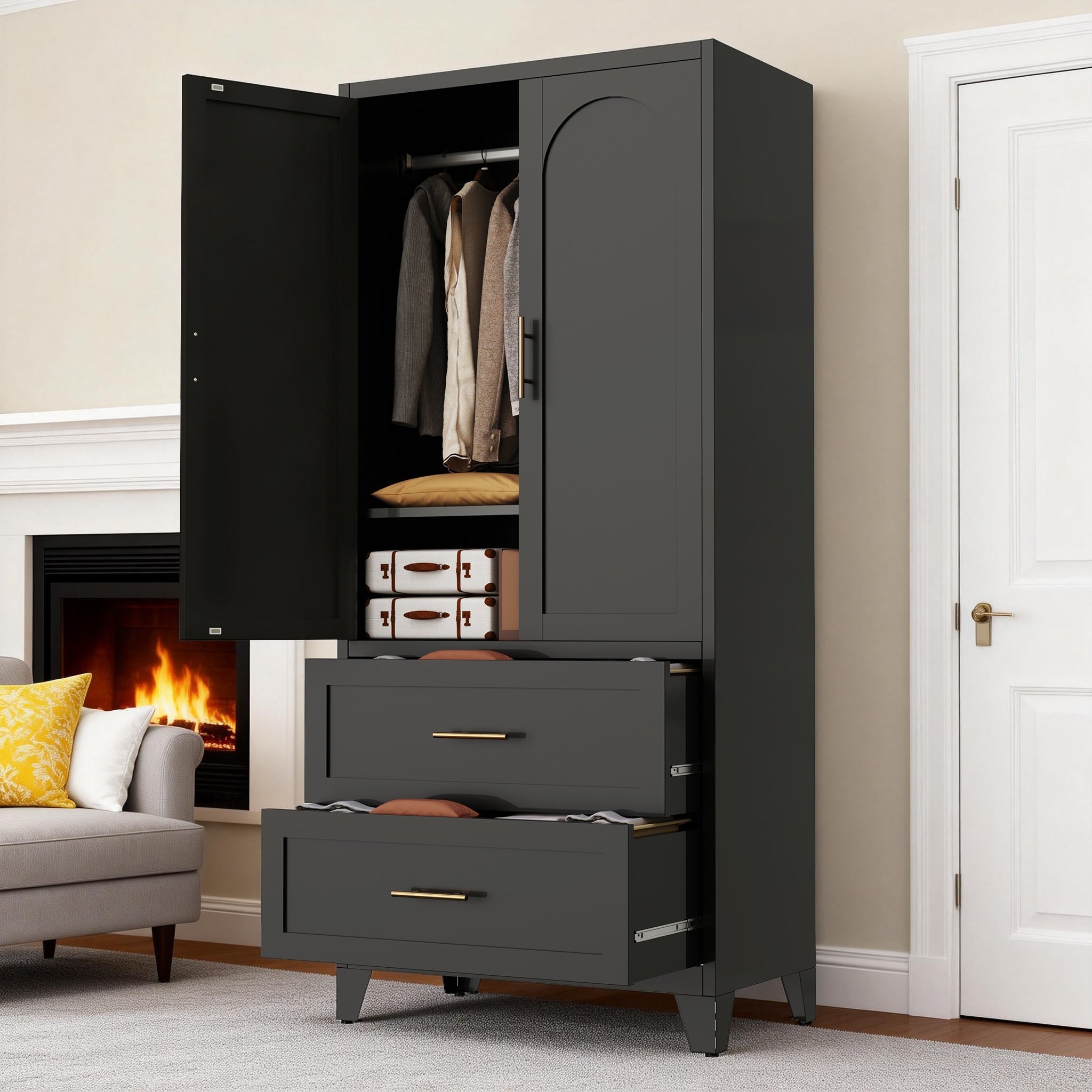 Black Clothing Storage Cabinet With 2 Drawers And Hanging Rod 2 Doors Wardrobe Armoire Closet With Shelf