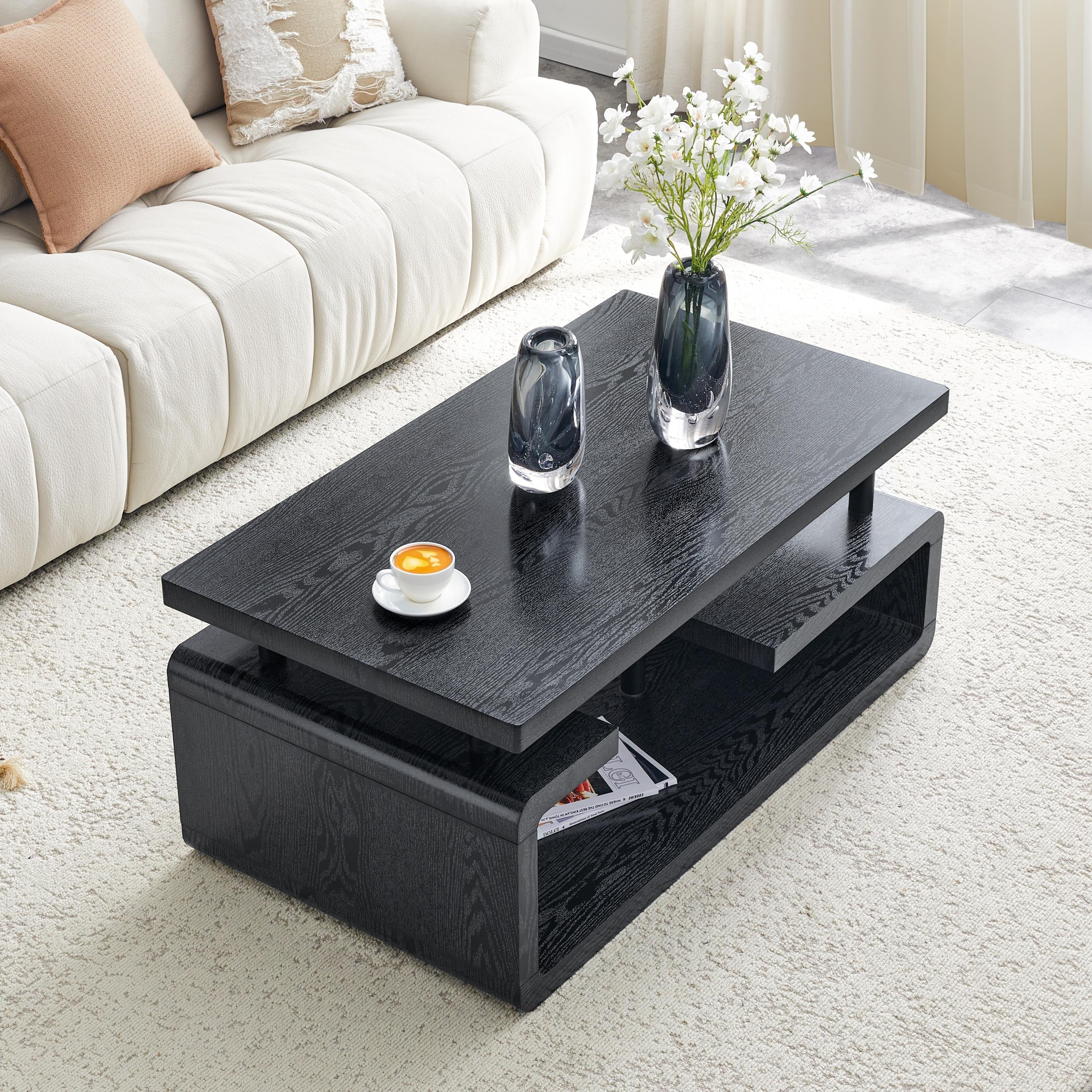 Black Coffee Table 3 Tier Center Table With Open Shelf Side Table Sofa Table End Table For Living Room