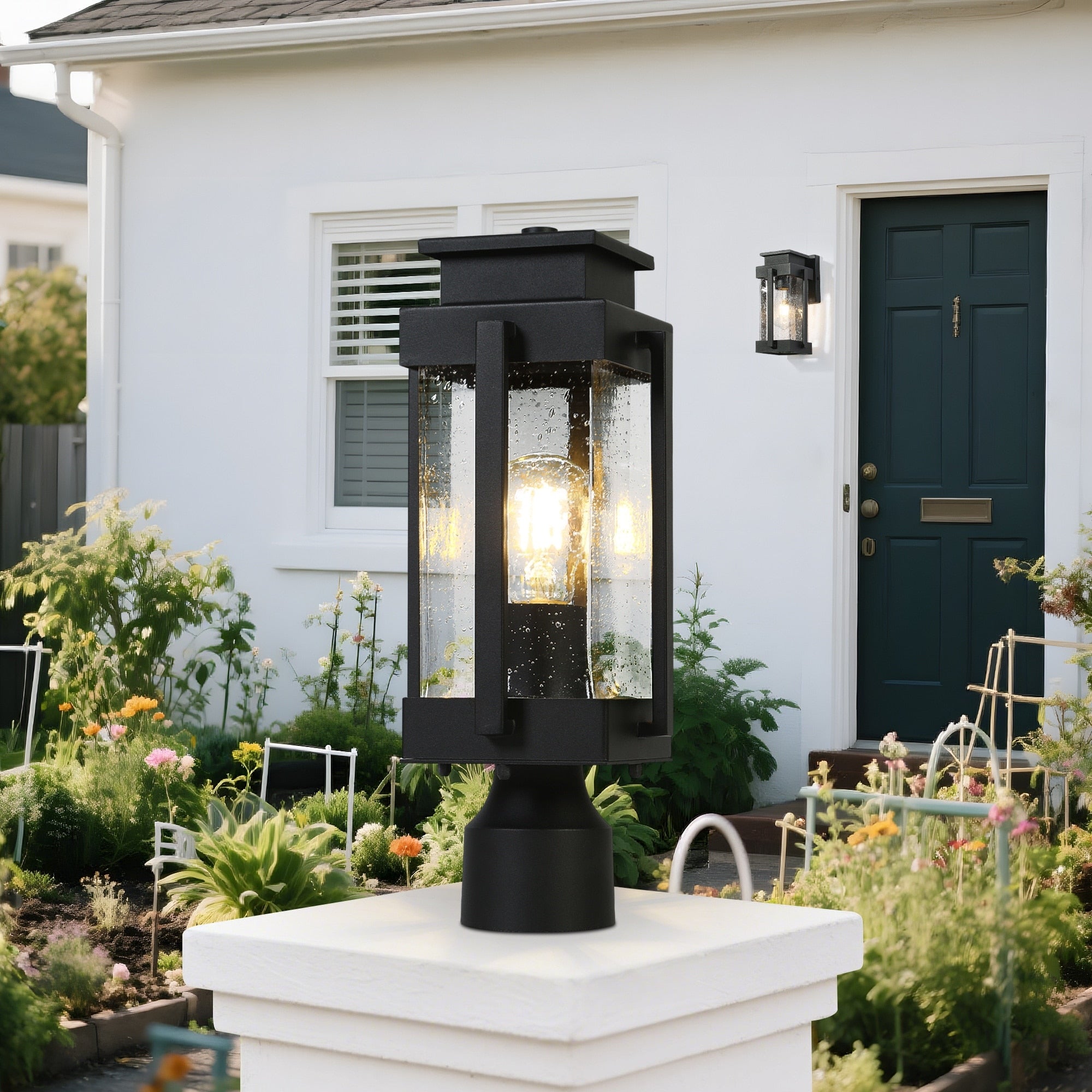 Black Cylinder Glass Outdoor Post Lantern Light For Garden Driveway L 5.9 W 5.9 H 14.8