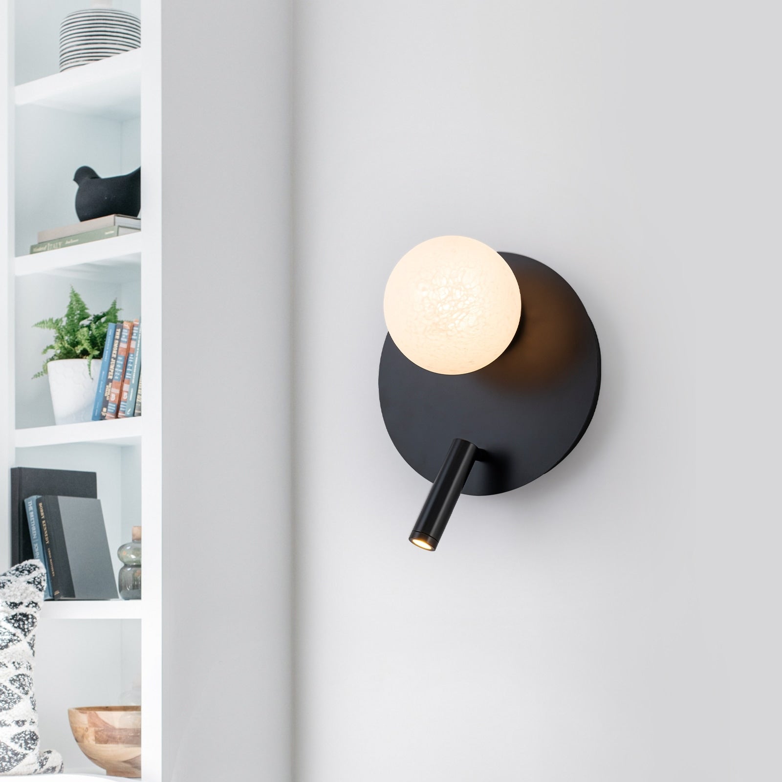 Black Dual Light Wall Sconce With Textured Moon Glass Globe Modern