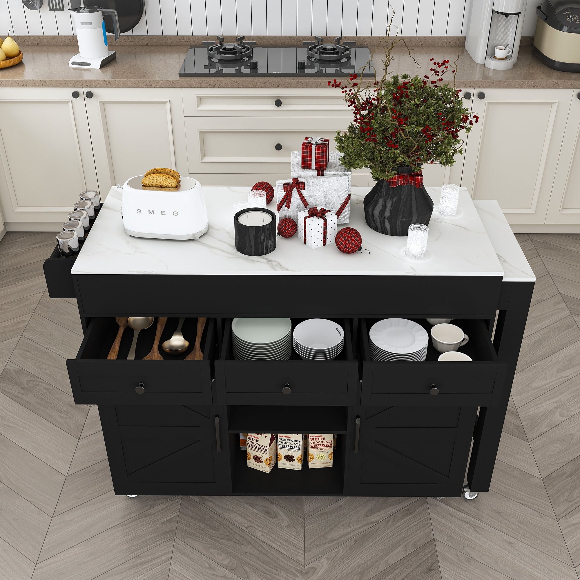 Black Extendable Kitchen Island With 4 Cabinets 2 Drawers Rolling Kitchen Cart With Spice Rack Pull Out Table