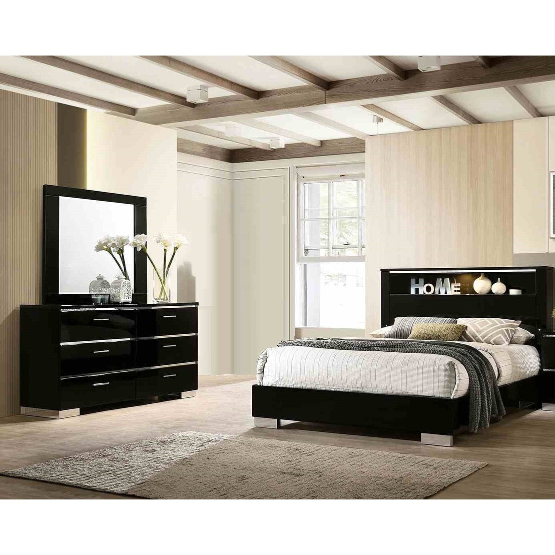 Black Finish Solid Wood Led Bedroom Furniture Set 3 Piece