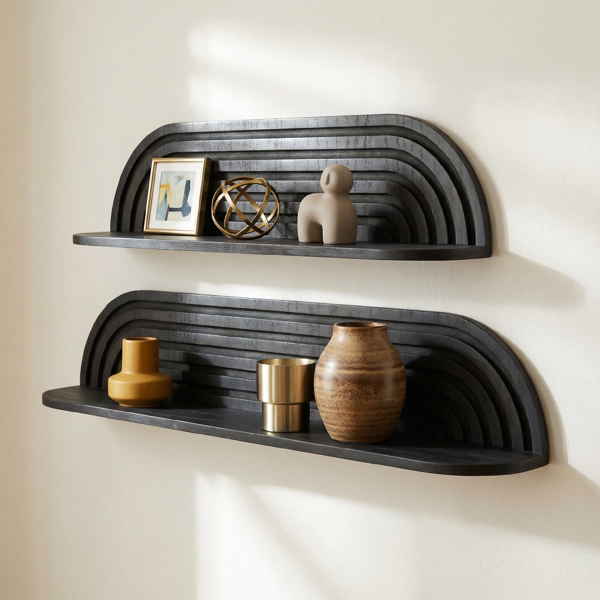 Black Floating Wall Shelf Set 2 Rustic Solid Wood Shelves For Bedroom Bathroom Living Room Kitchen Storage 2Pc
